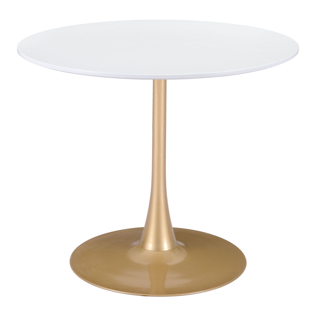 35" White And Gold Rounded Steel Pedestal Base Dining Table-Dining Tables-DECOROLALA