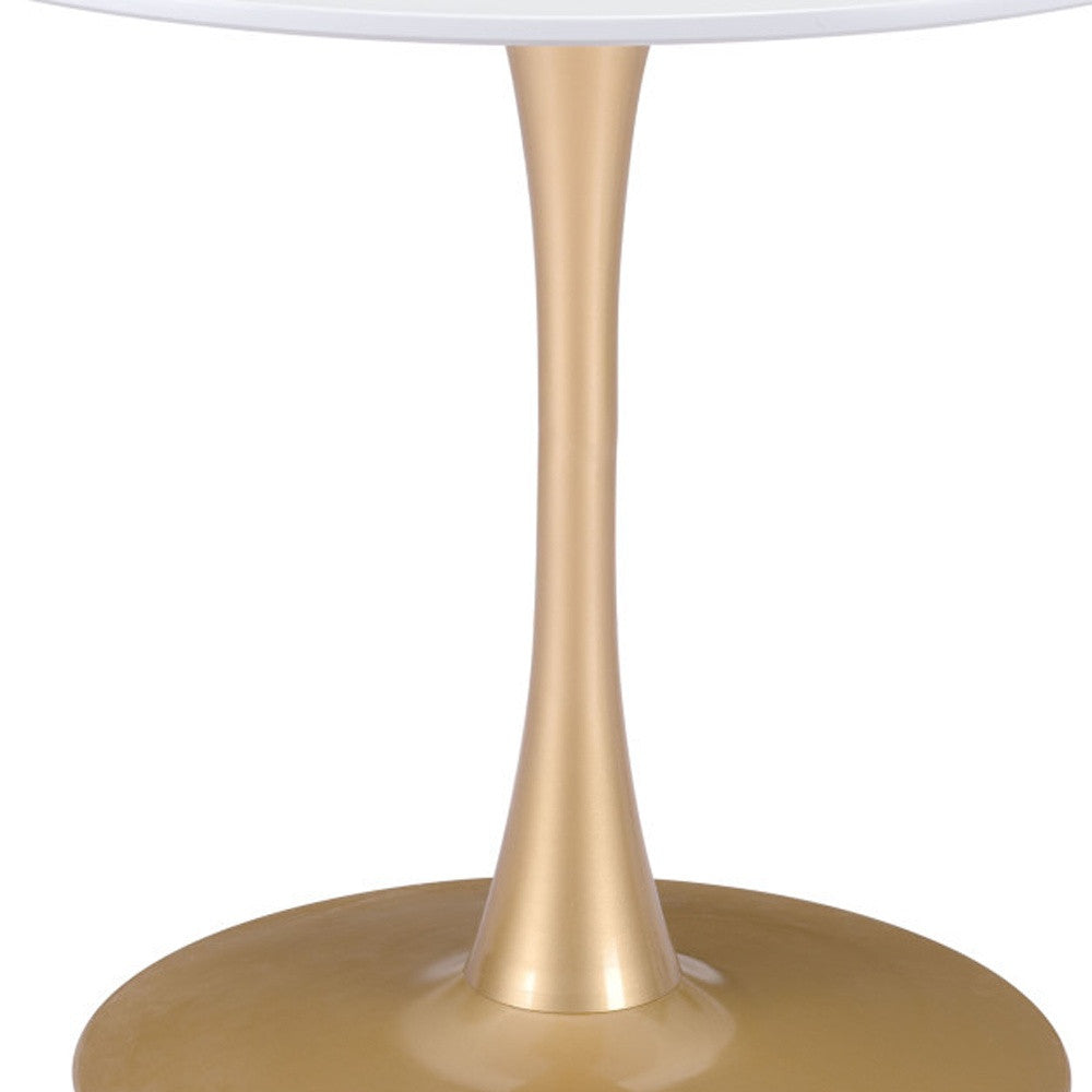 35" White And Gold Rounded Steel Pedestal Base Dining Table-Dining Tables-DECOROLALA