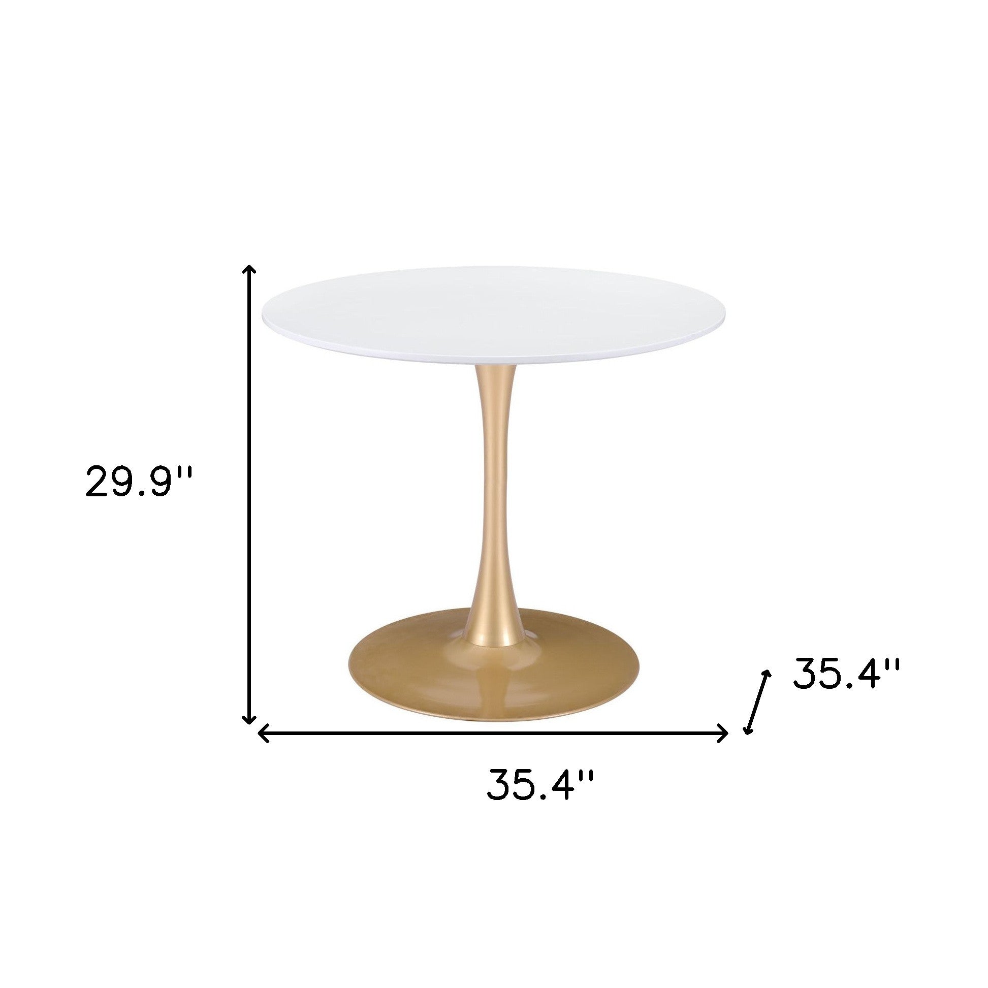 35" White And Gold Rounded Steel Pedestal Base Dining Table-Dining Tables-DECOROLALA