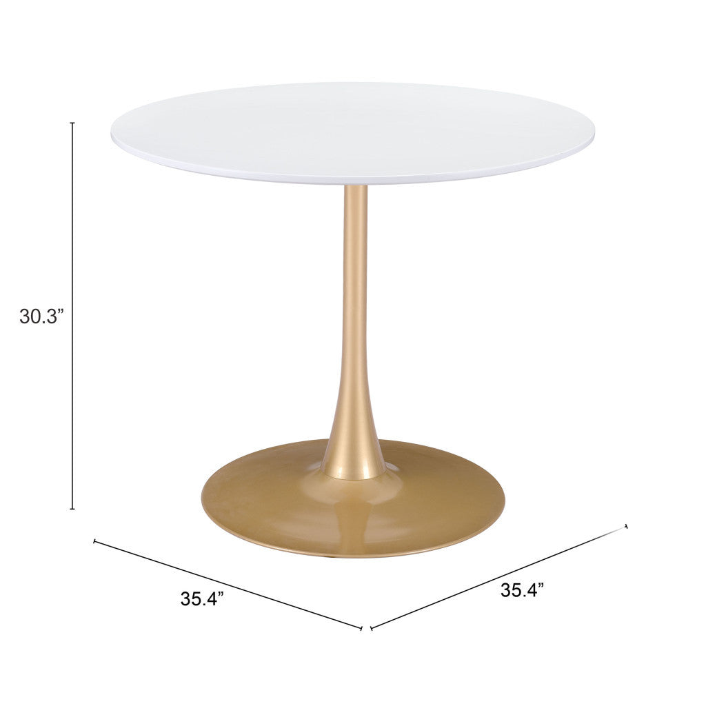 35" White And Gold Rounded Steel Pedestal Base Dining Table-Dining Tables-DECOROLALA