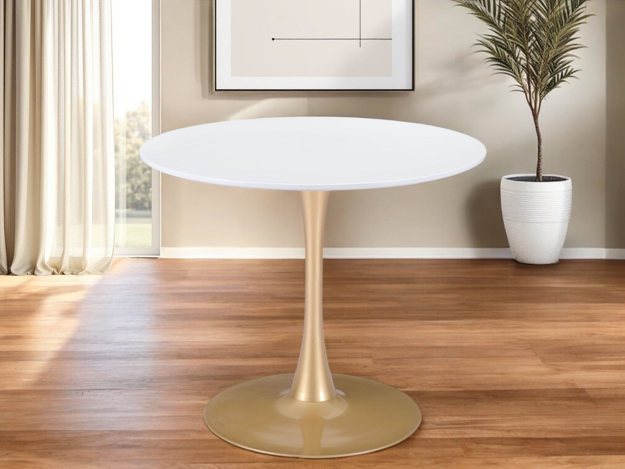 35" White And Gold Rounded Steel Pedestal Base Dining Table-Dining Tables-DECOROLALA