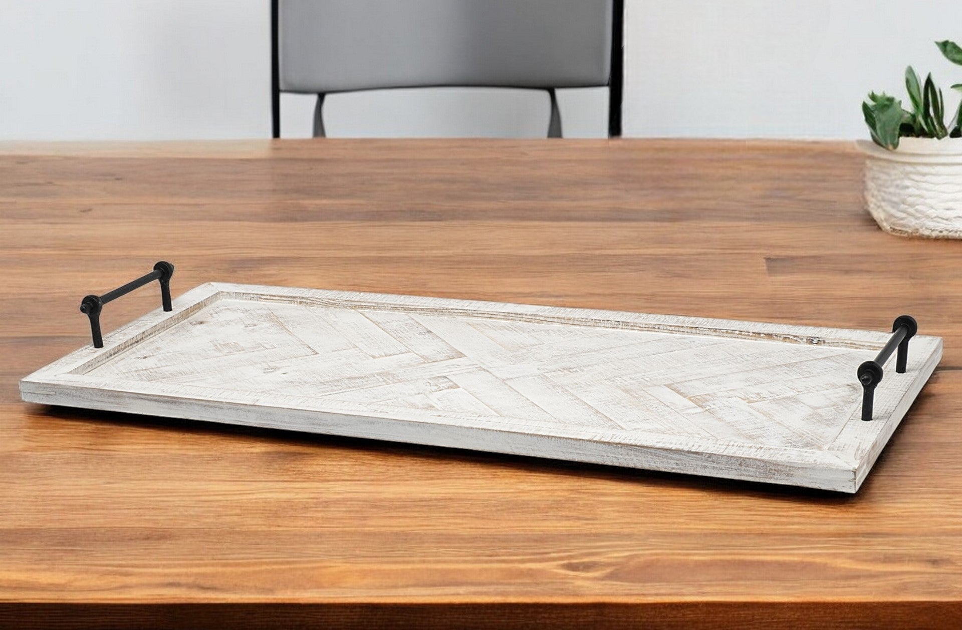 35" White and Natural Wood Indoor Outdoor Tray With Handles-Trays-DECOROLALA