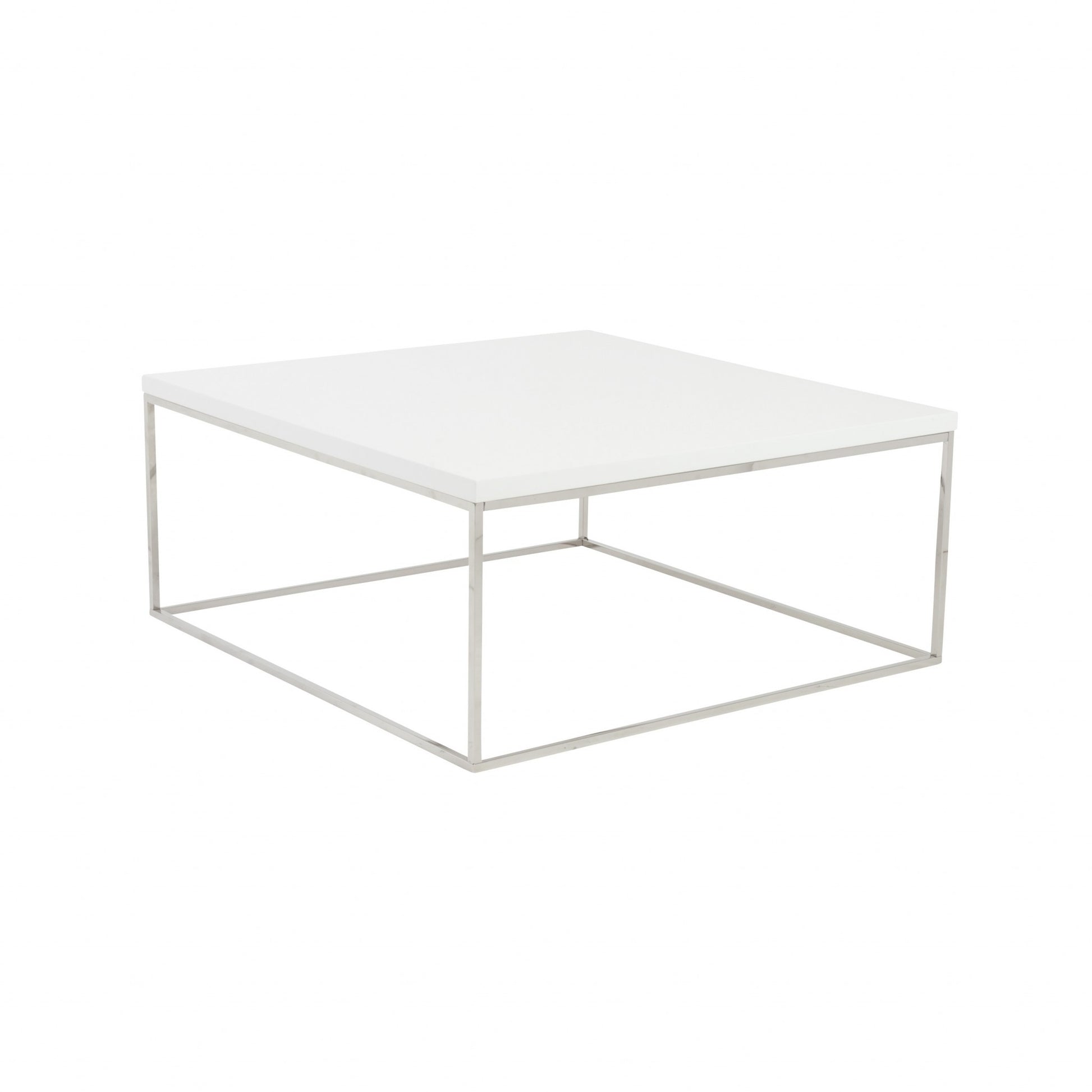 35" White and Silver Wood And Metal Square Frame Coffee Table-Coffee Tables-DECOROLALA
