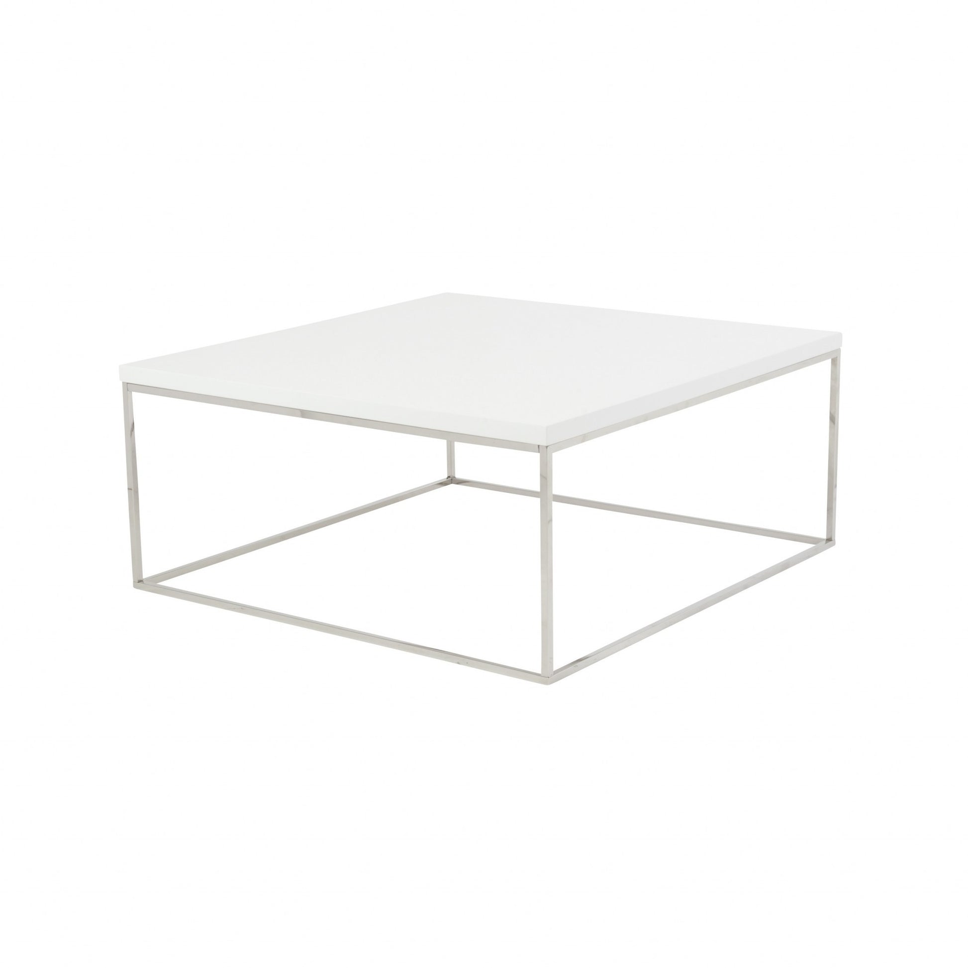 35" White and Silver Wood And Metal Square Frame Coffee Table-Coffee Tables-DECOROLALA