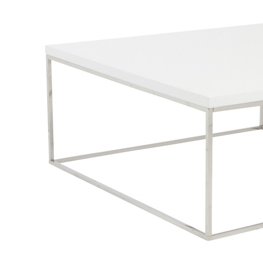 35" White and Silver Wood And Metal Square Frame Coffee Table-Coffee Tables-DECOROLALA