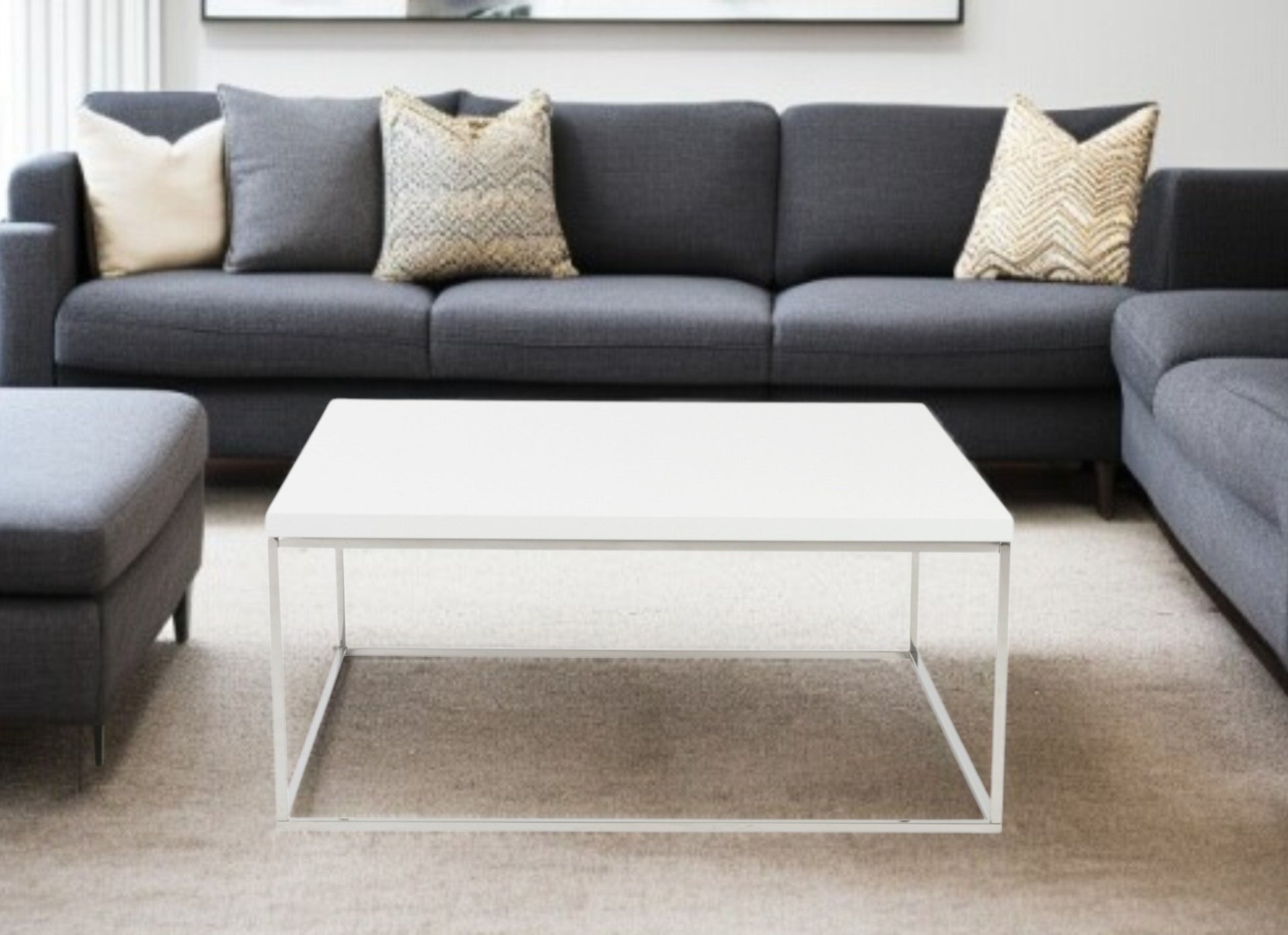 35" White and Silver Wood And Metal Square Frame Coffee Table-Coffee Tables-DECOROLALA