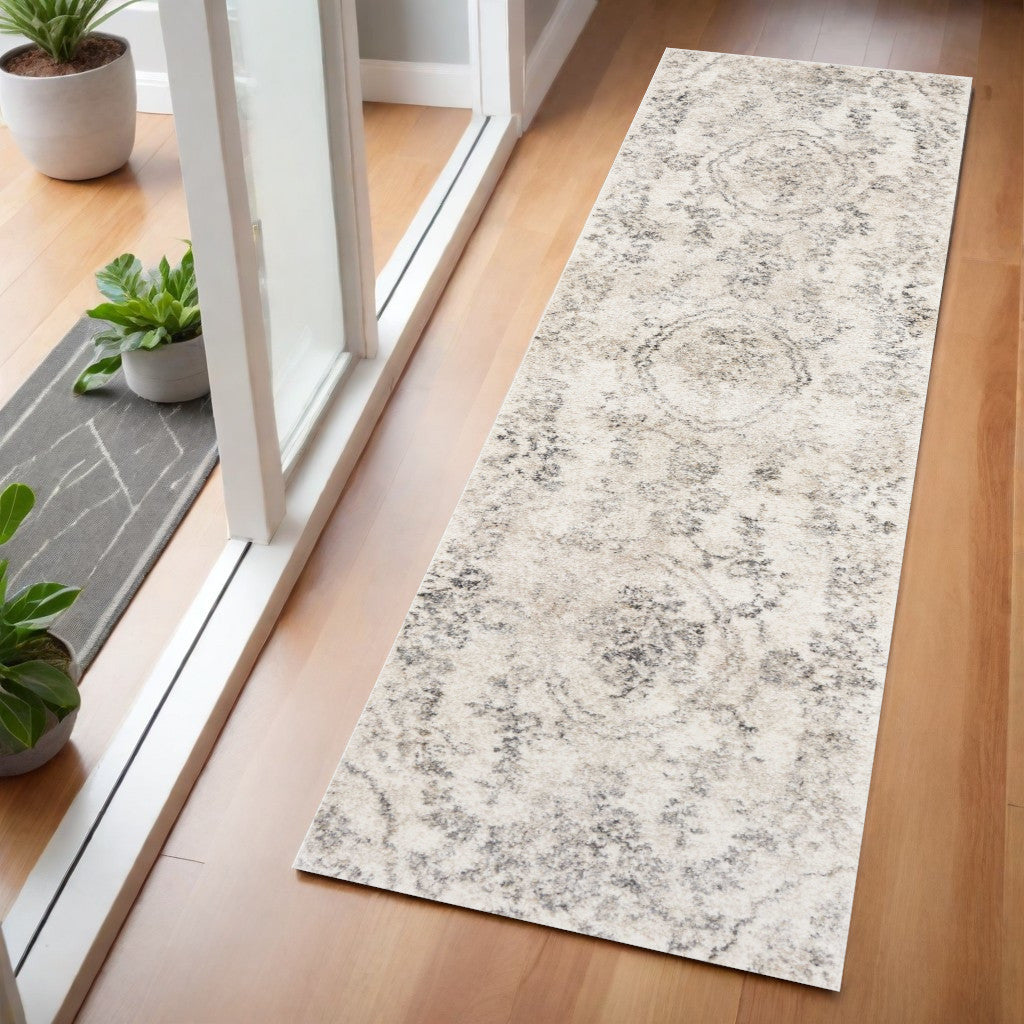 7' Gray And Tan Floral Distressed Runner Rug-0