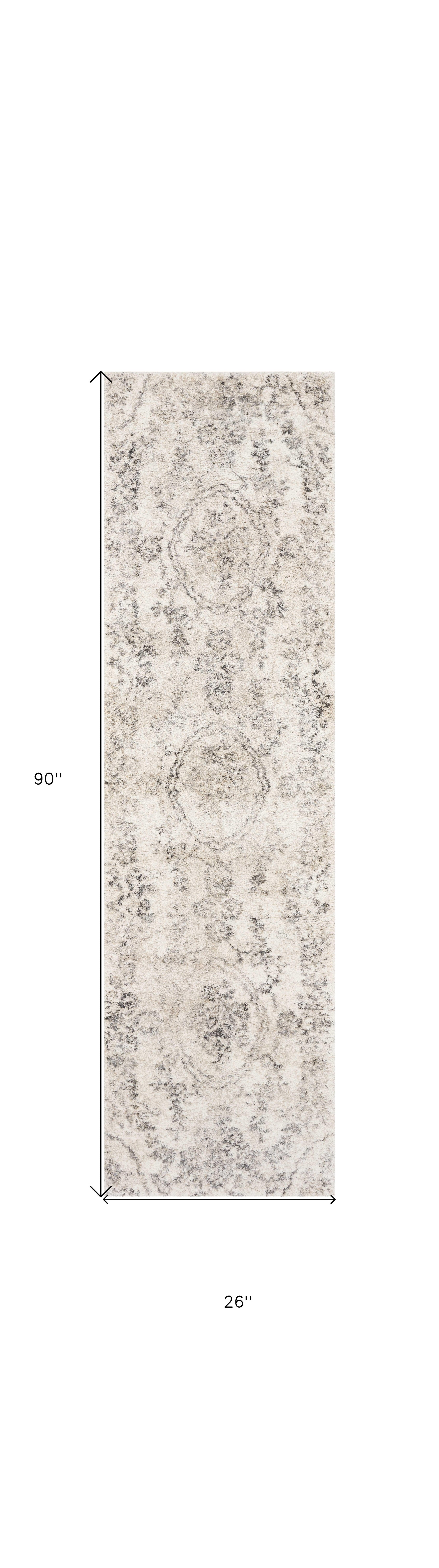 7' Gray And Tan Floral Distressed Runner Rug-2