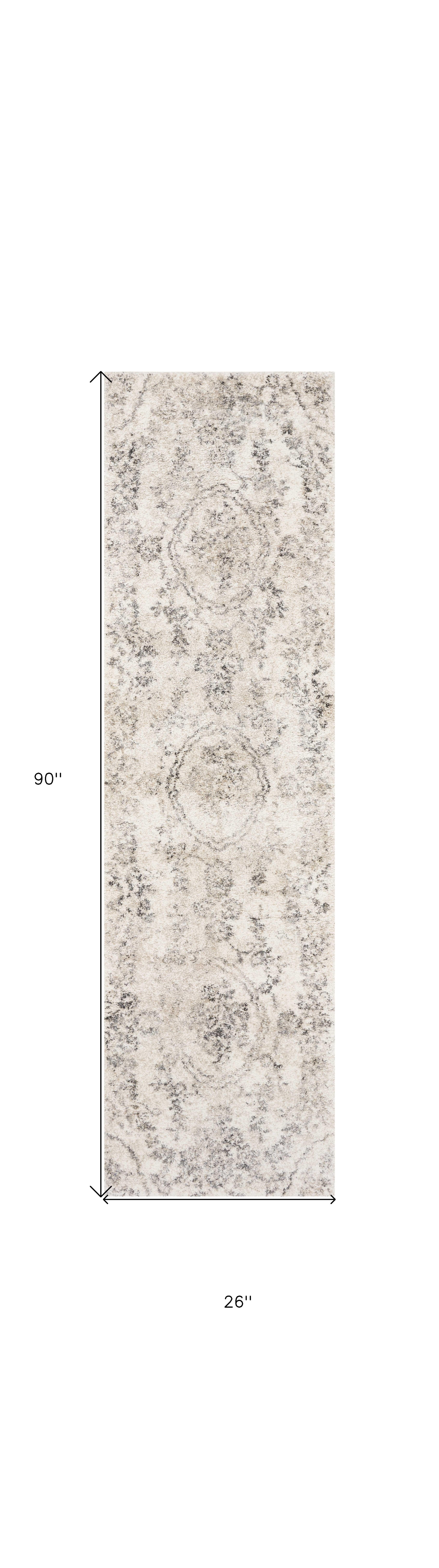 7' Gray And Tan Floral Distressed Runner Rug-2