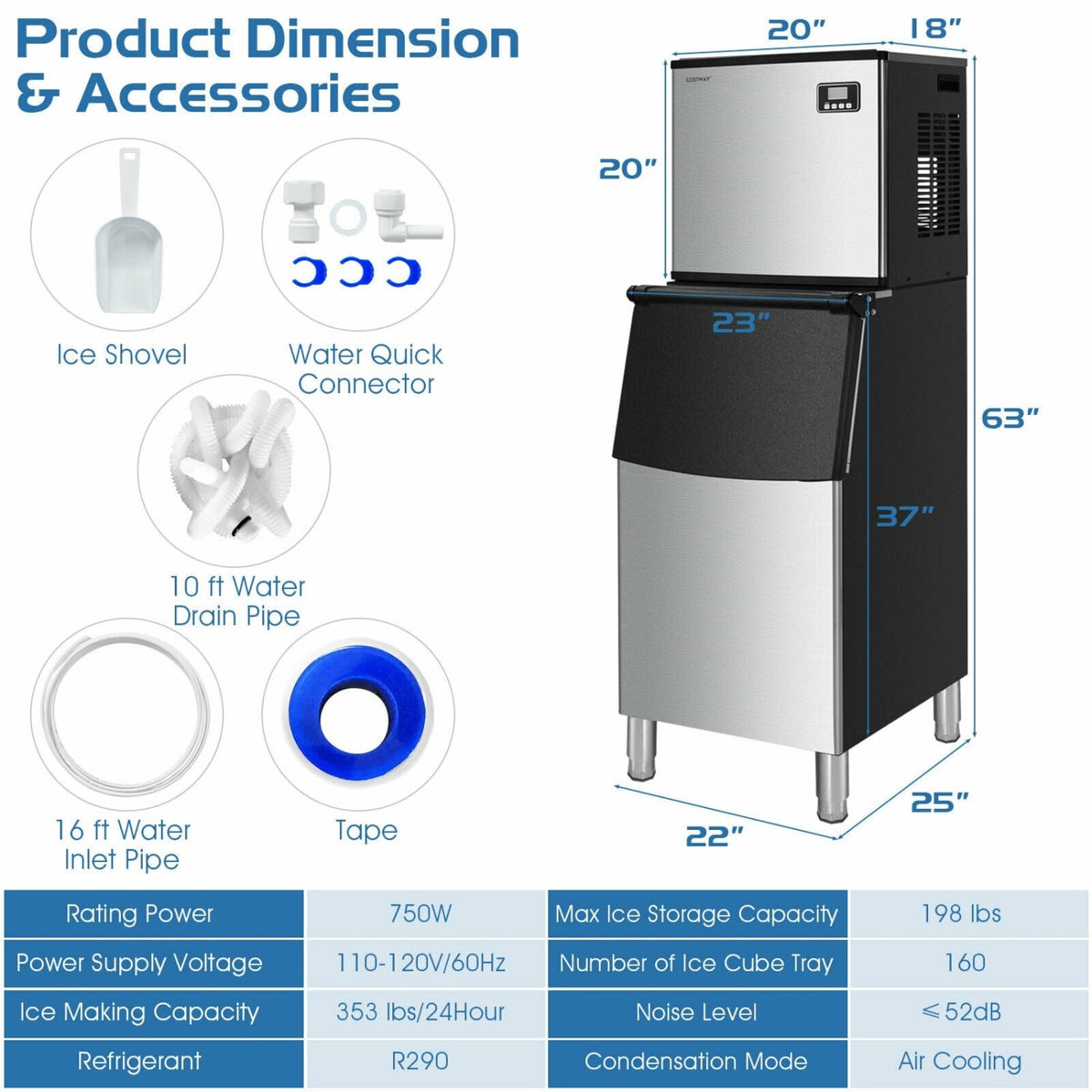 353LBS/24H Split Commercial Ice Maker with 198 LBS Storage Bin-Ice Makers-DECOROLALA