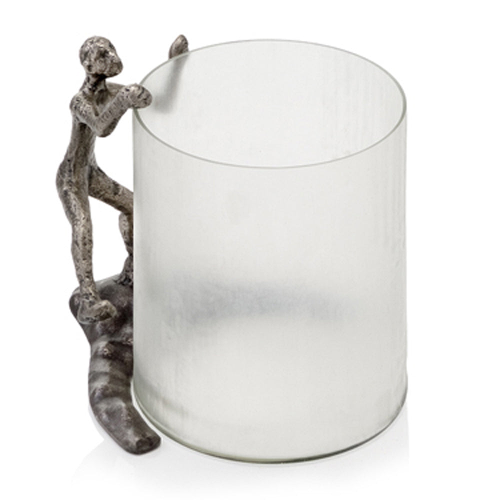 10" Silver And Glass Climbing Man Hurricane Candle Holder-Candle Holders-DECOROLALA