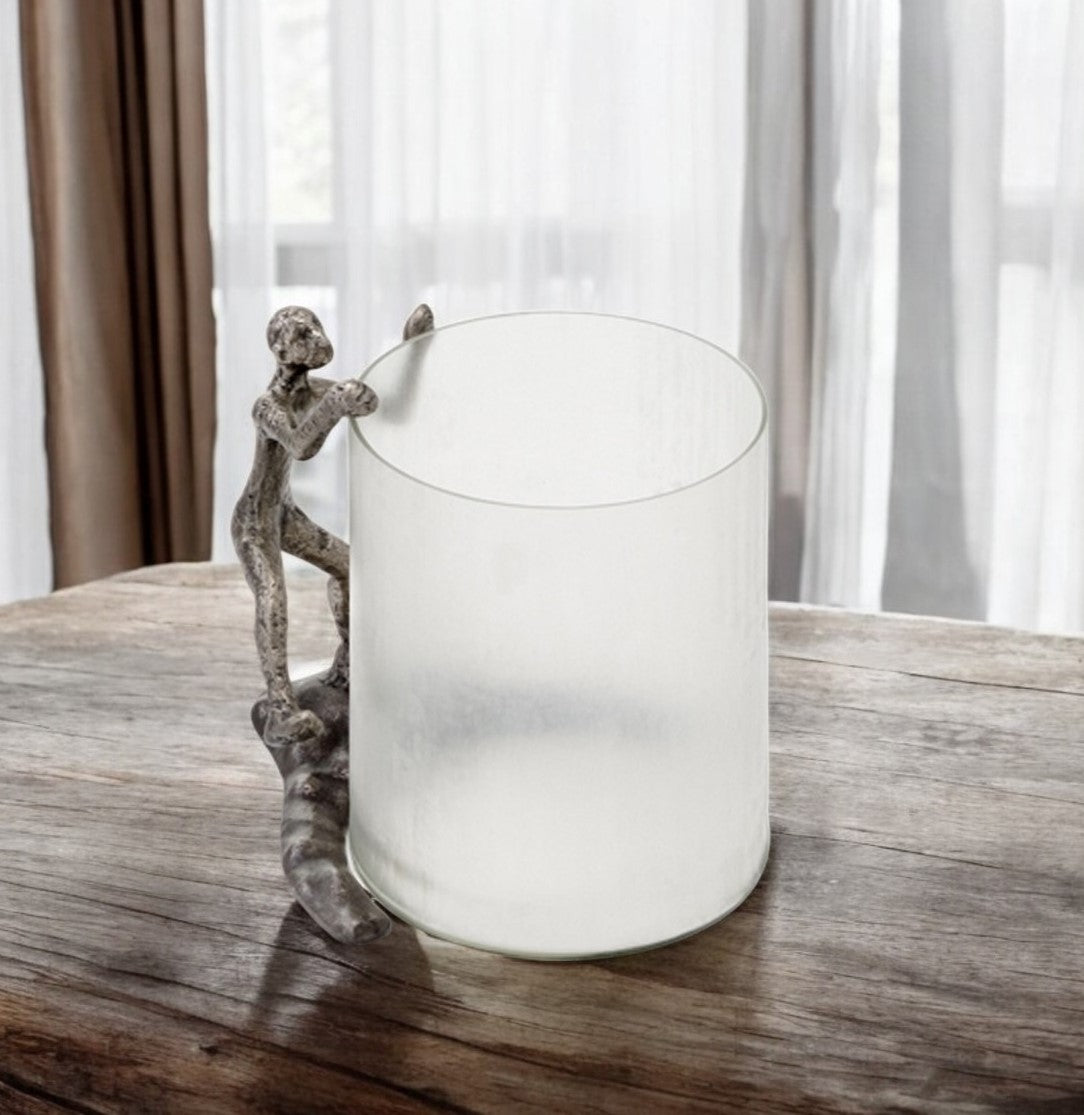 10" Silver And Glass Climbing Man Hurricane Candle Holder-Candle Holders-DECOROLALA