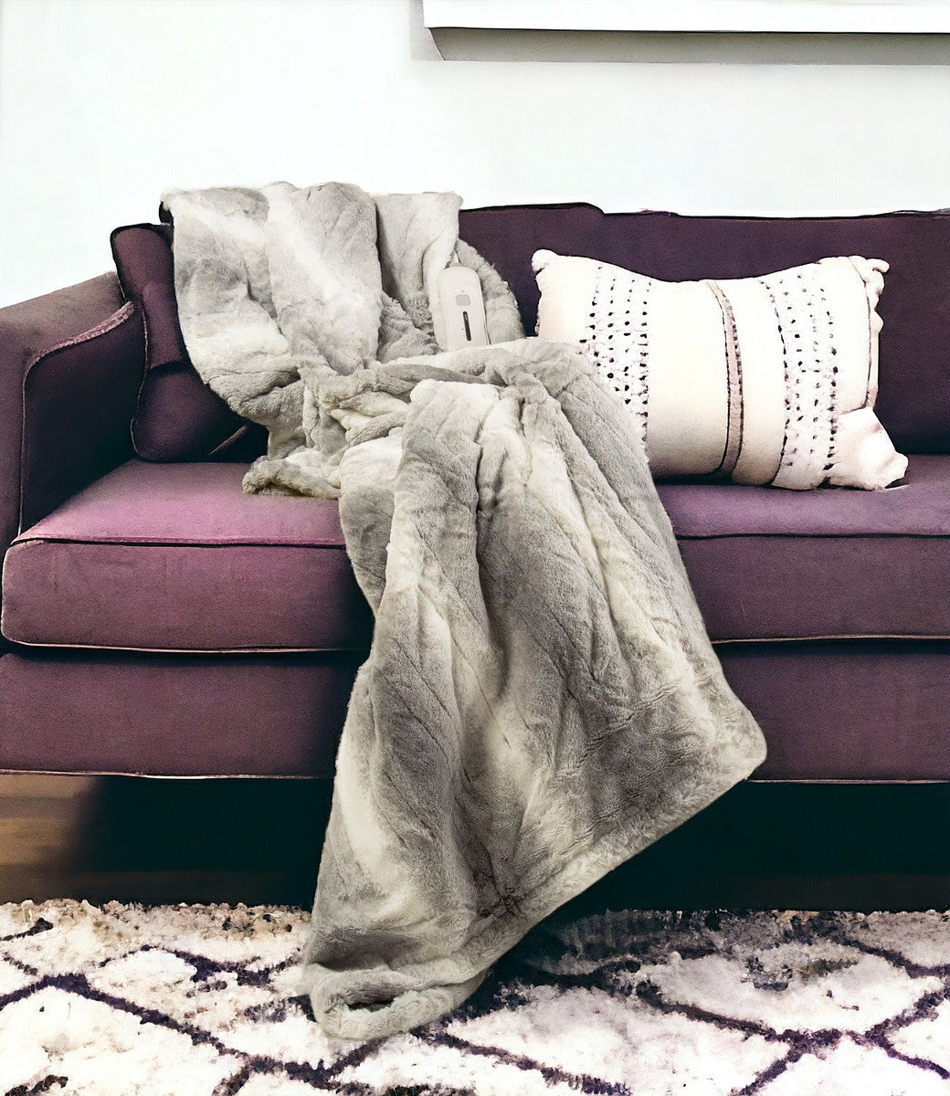 50" X 60" Gray And White Heated Electric Striped Throw Blanket-Throws & Blankets-DECOROLALA
