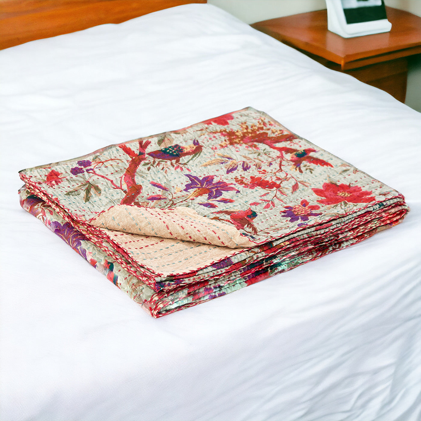 50" X 70" Pink and Ivory Kantha Cotton Floral Throw Blanket with Embroidery-Throws & Blankets-DECOROLALA