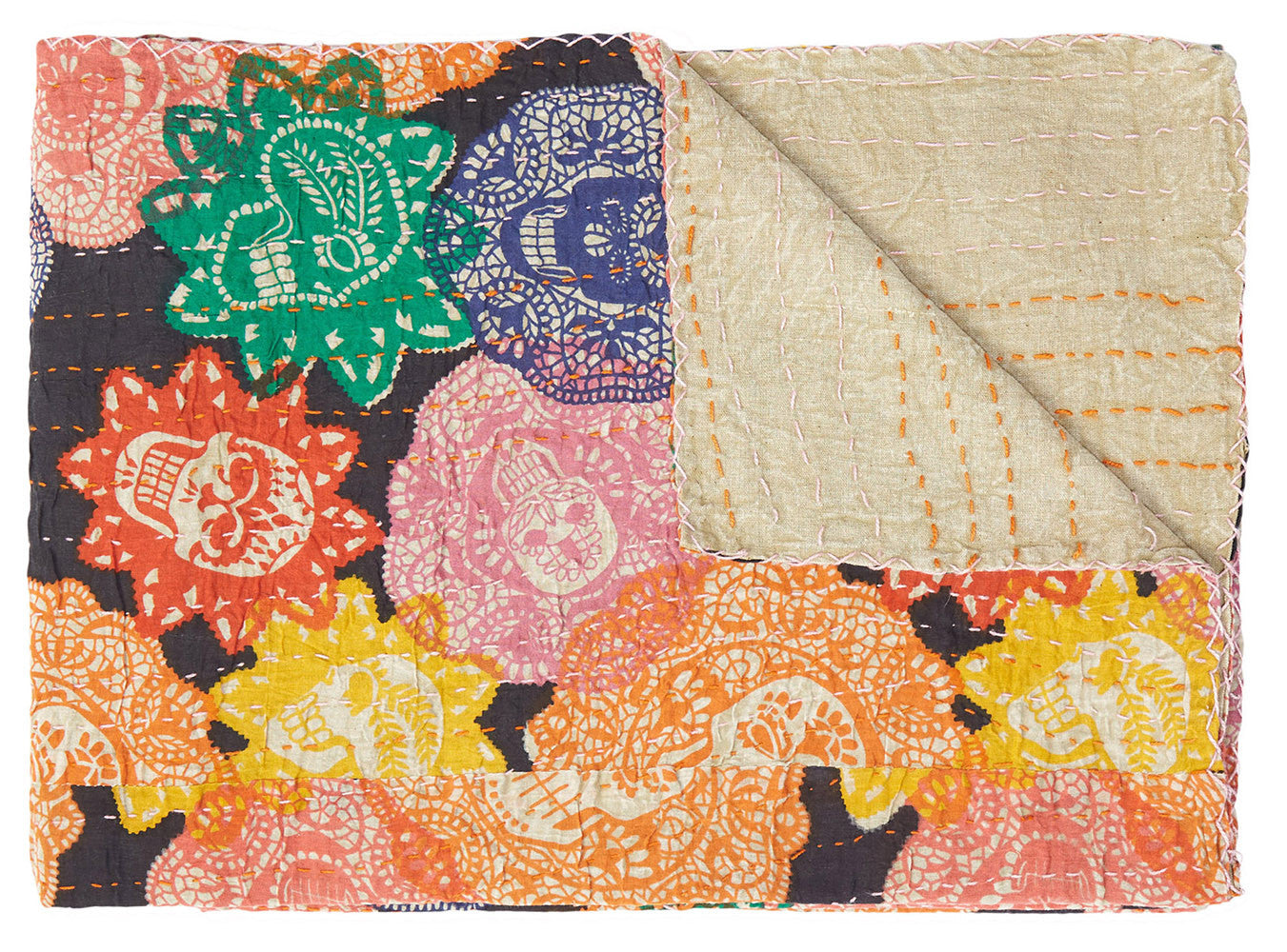50" X 70" Black Green Red and Pink Kantha Cotton Patchwork Throw Blanket with Embroidery-Throws & Blankets-DECOROLALA