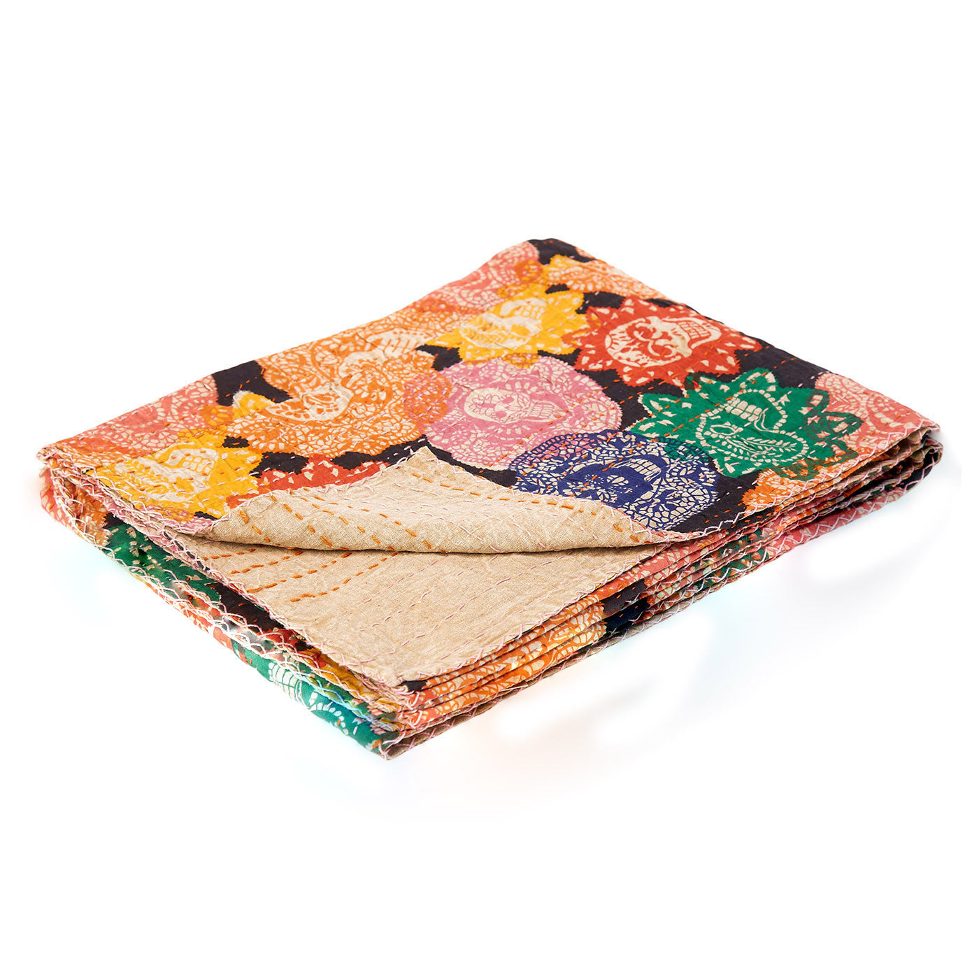 50" X 70" Black Green Red and Pink Kantha Cotton Patchwork Throw Blanket with Embroidery-Throws & Blankets-DECOROLALA