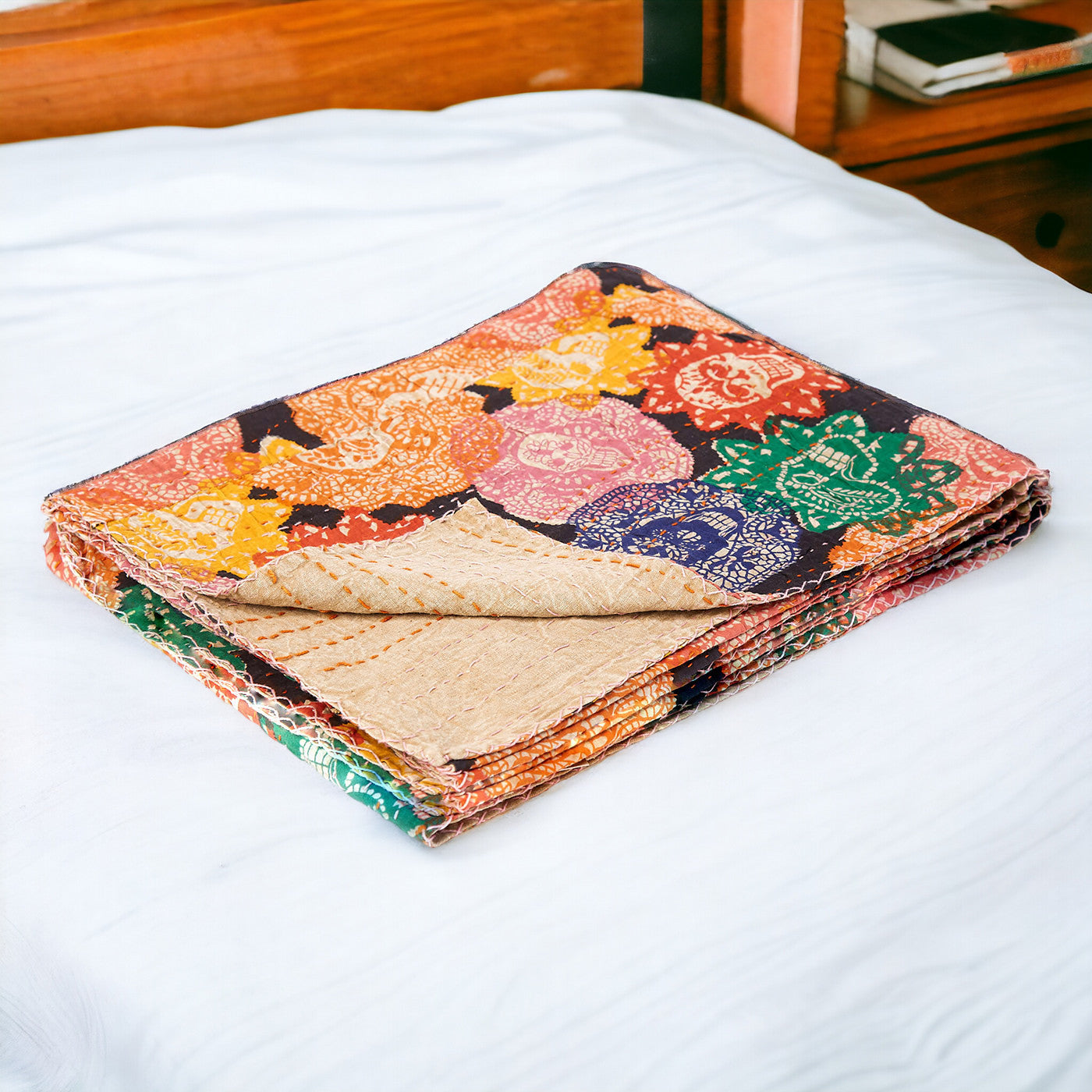 50" X 70" Black Green Red and Pink Kantha Cotton Patchwork Throw Blanket with Embroidery-Throws & Blankets-DECOROLALA