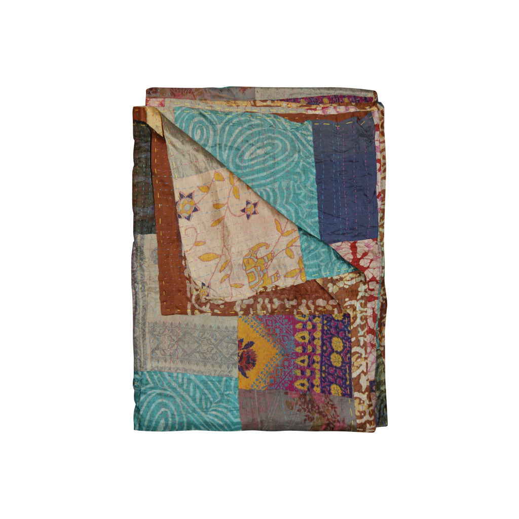 50" X 70" Green and Brown Quilted Cotton Patchwork Throw Blanket with Embroidery-Throws & Blankets-DECOROLALA