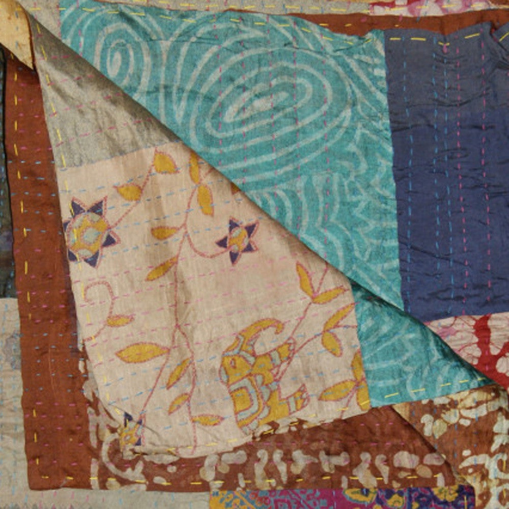 50" X 70" Green and Brown Quilted Cotton Patchwork Throw Blanket with Embroidery-Throws & Blankets-DECOROLALA