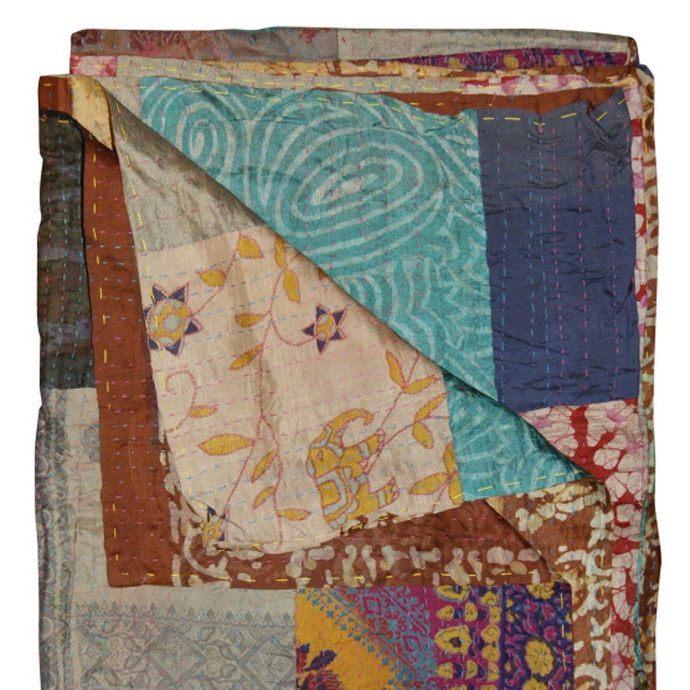 50" X 70" Green and Brown Quilted Cotton Patchwork Throw Blanket with Embroidery-Throws & Blankets-DECOROLALA