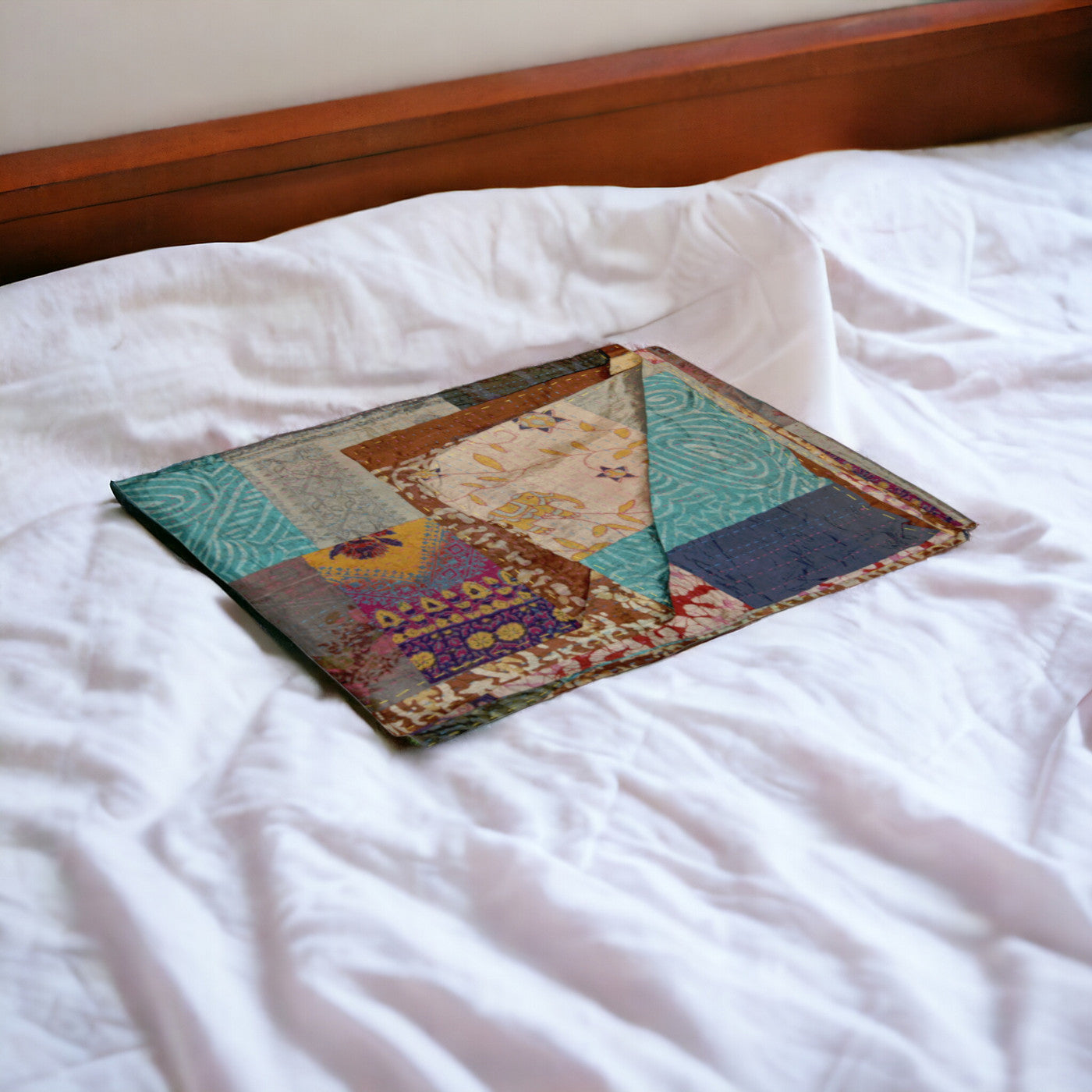 50" X 70" Green and Brown Quilted Cotton Patchwork Throw Blanket with Embroidery-Throws & Blankets-DECOROLALA