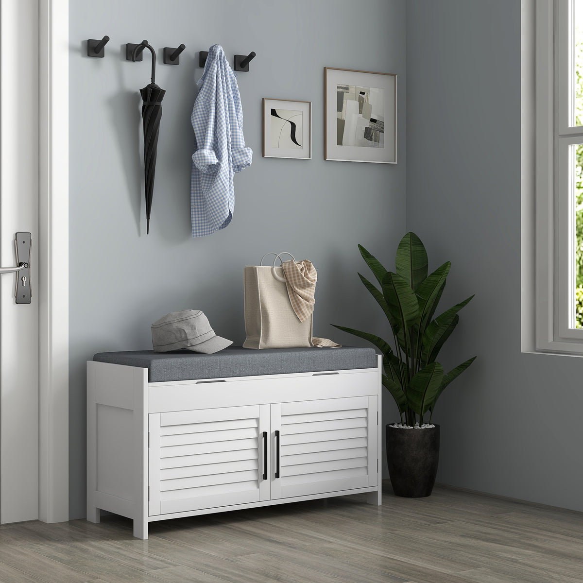 35.4" Entryway Shoe Bench with Storage and Cushion - White-Home Furnishings > Storage & Organization > Shoe Storage Cabinets & Racks-DECOROLALA