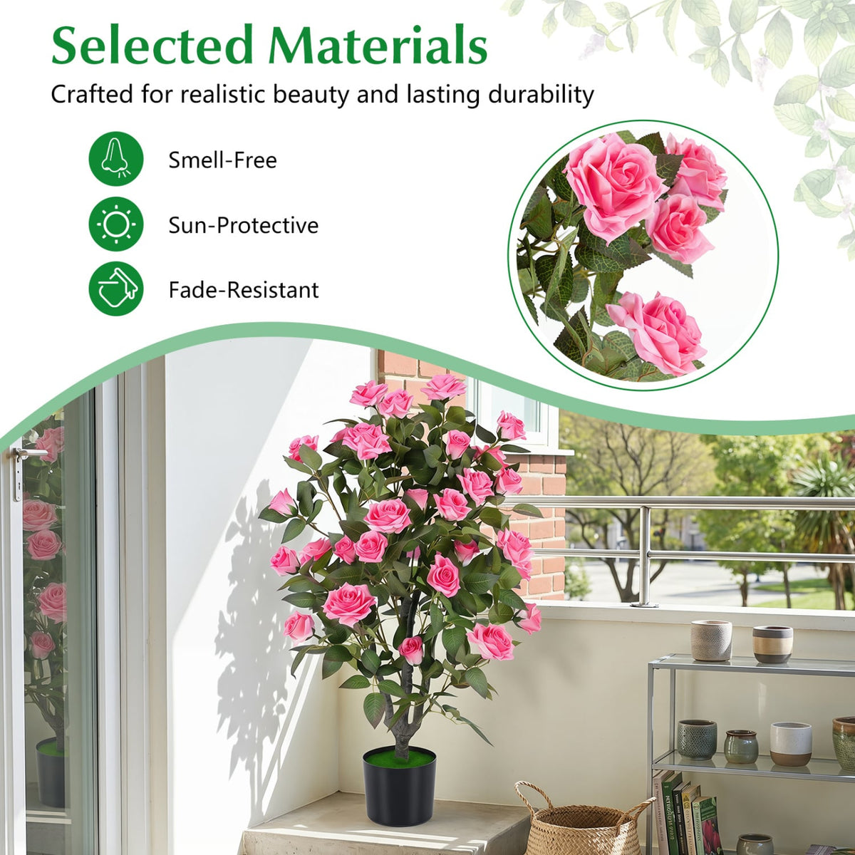 35.5" Artificial Rose Tree with Blooming Flowers and Green Leaves for Indoor-Pink-Artificial Plants-DECOROLALA