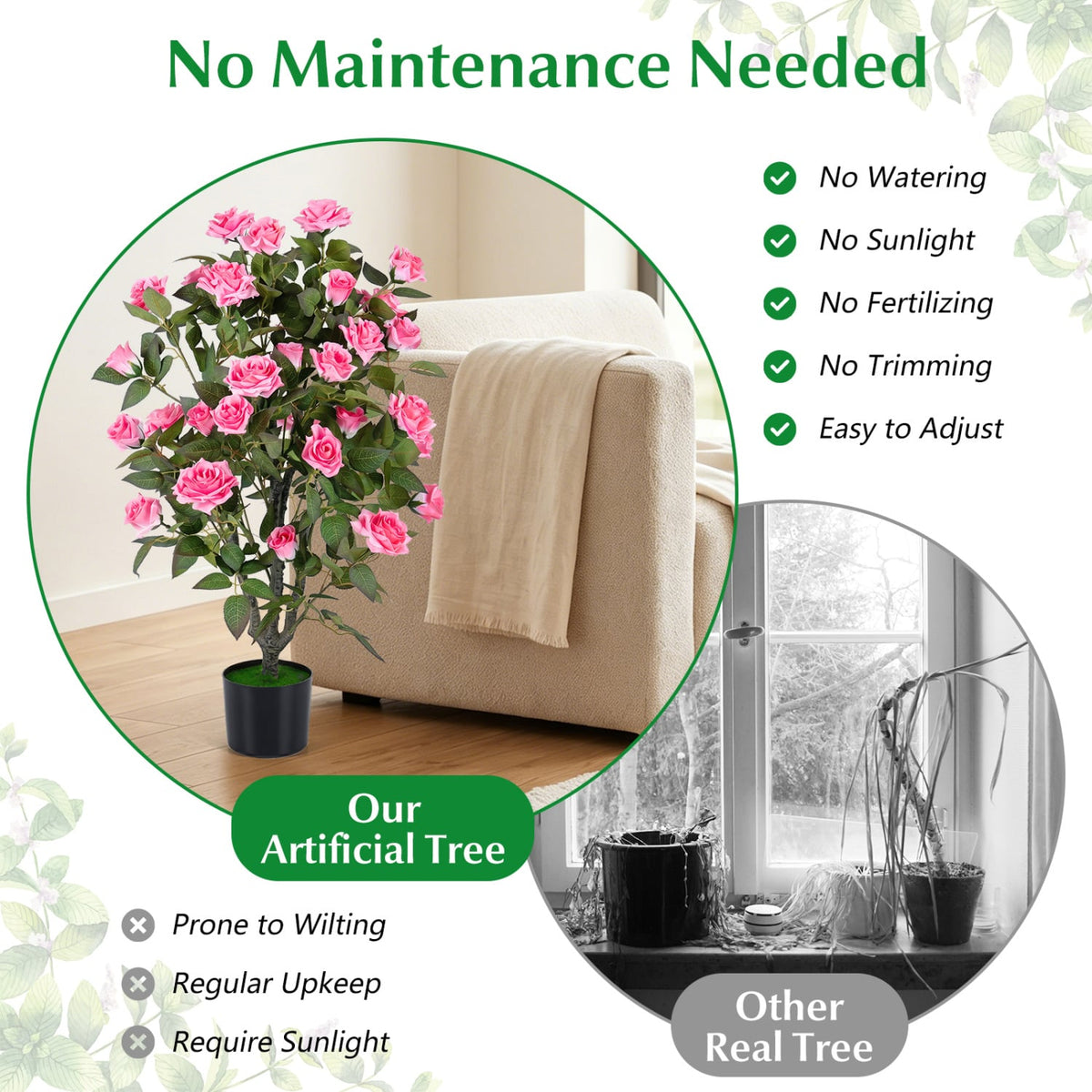 35.5" Artificial Rose Tree with Blooming Flowers and Green Leaves for Indoor-Pink-Artificial Plants-DECOROLALA