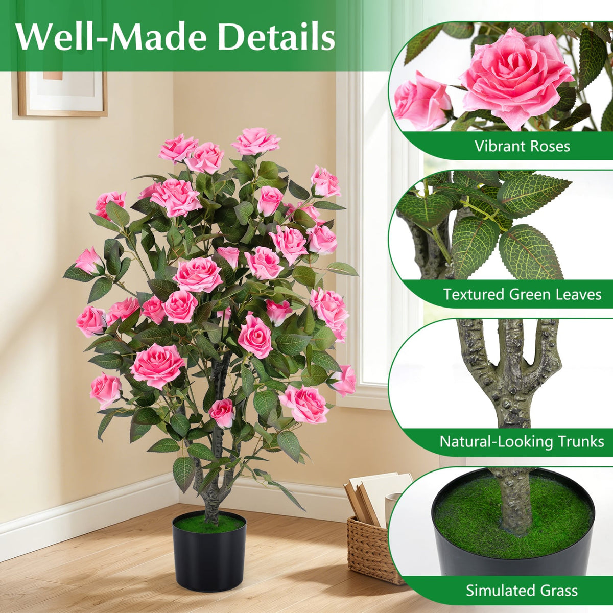 35.5" Artificial Rose Tree with Blooming Flowers and Green Leaves for Indoor-Pink-Artificial Plants-DECOROLALA