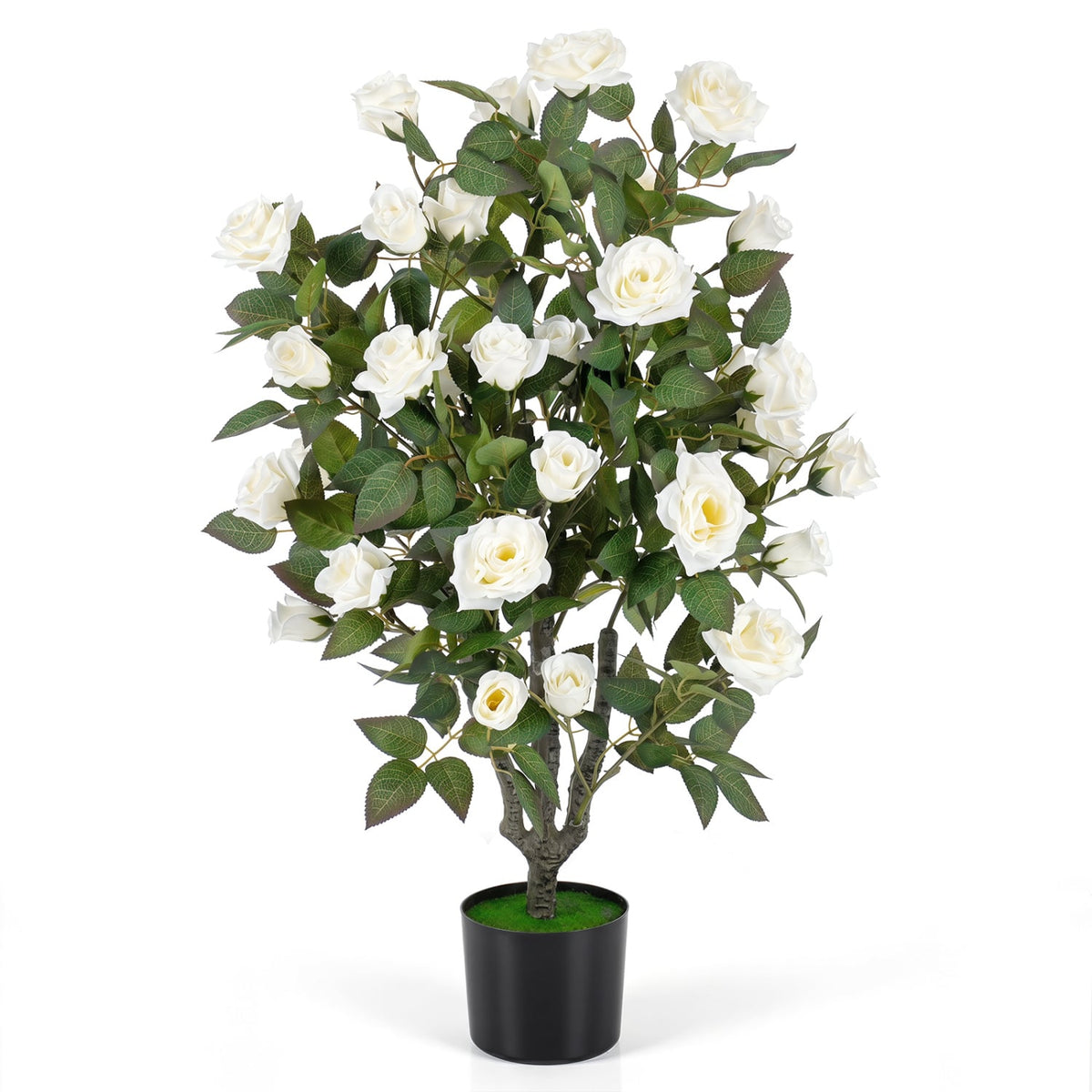 35.5" Artificial Rose Tree with Blooming Flowers and Green Leaves for Indoor-White-Artificial Plants-DECOROLALA