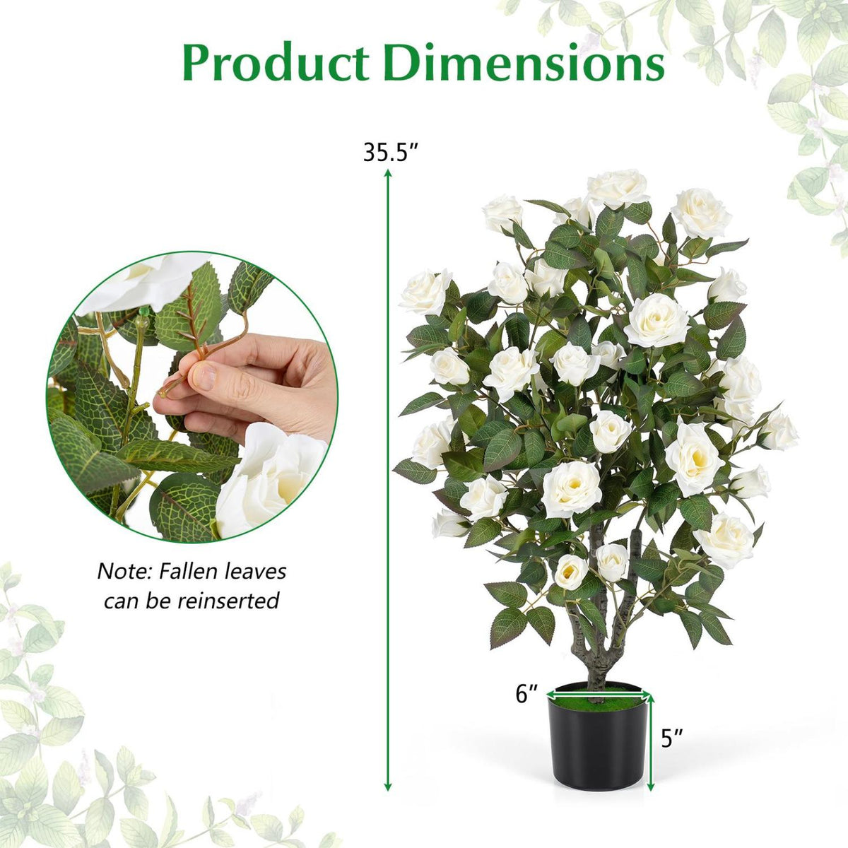 35.5" Artificial Rose Tree with Blooming Flowers and Green Leaves for Indoor-White-Artificial Plants-DECOROLALA