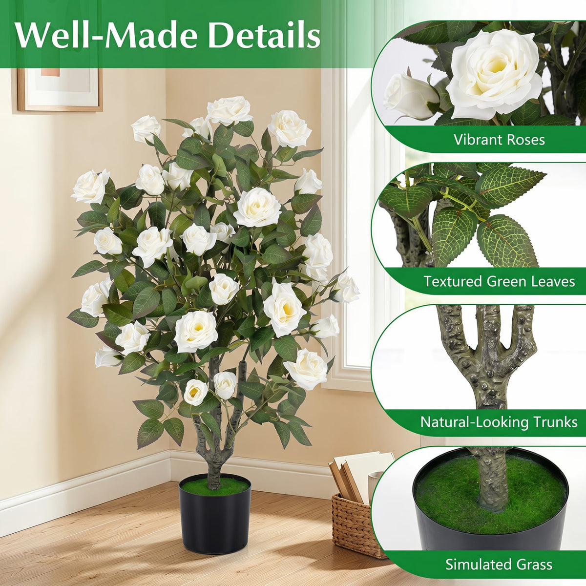35.5" Artificial Rose Tree with Blooming Flowers and Green Leaves for Indoor-White-Artificial Plants-DECOROLALA
