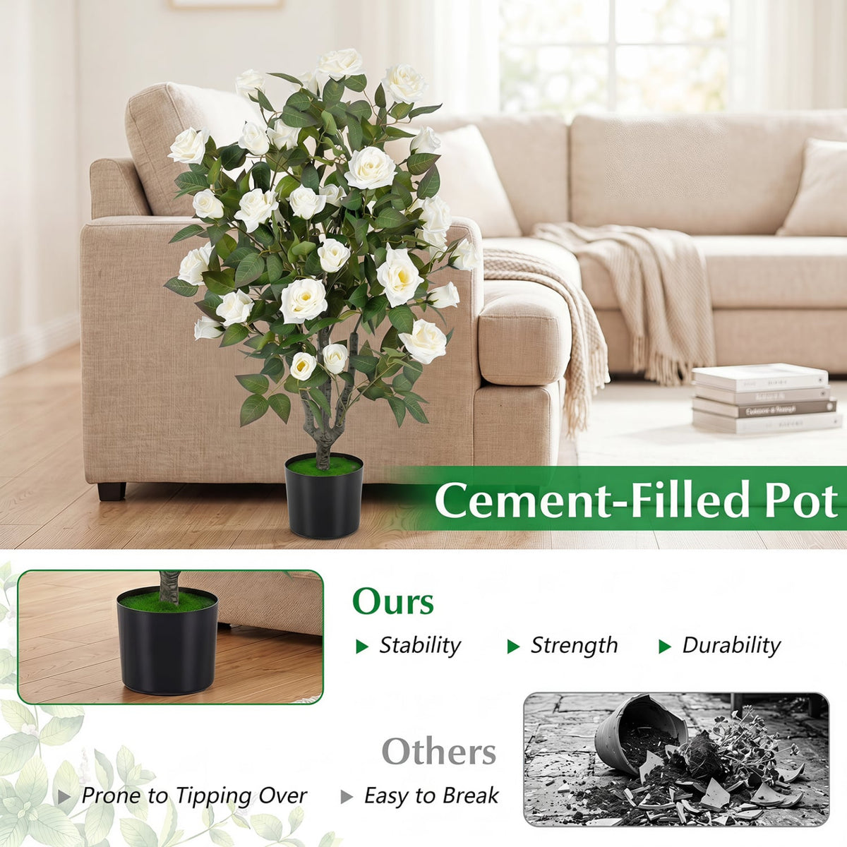 35.5" Artificial Rose Tree with Blooming Flowers and Green Leaves for Indoor-White-Artificial Plants-DECOROLALA