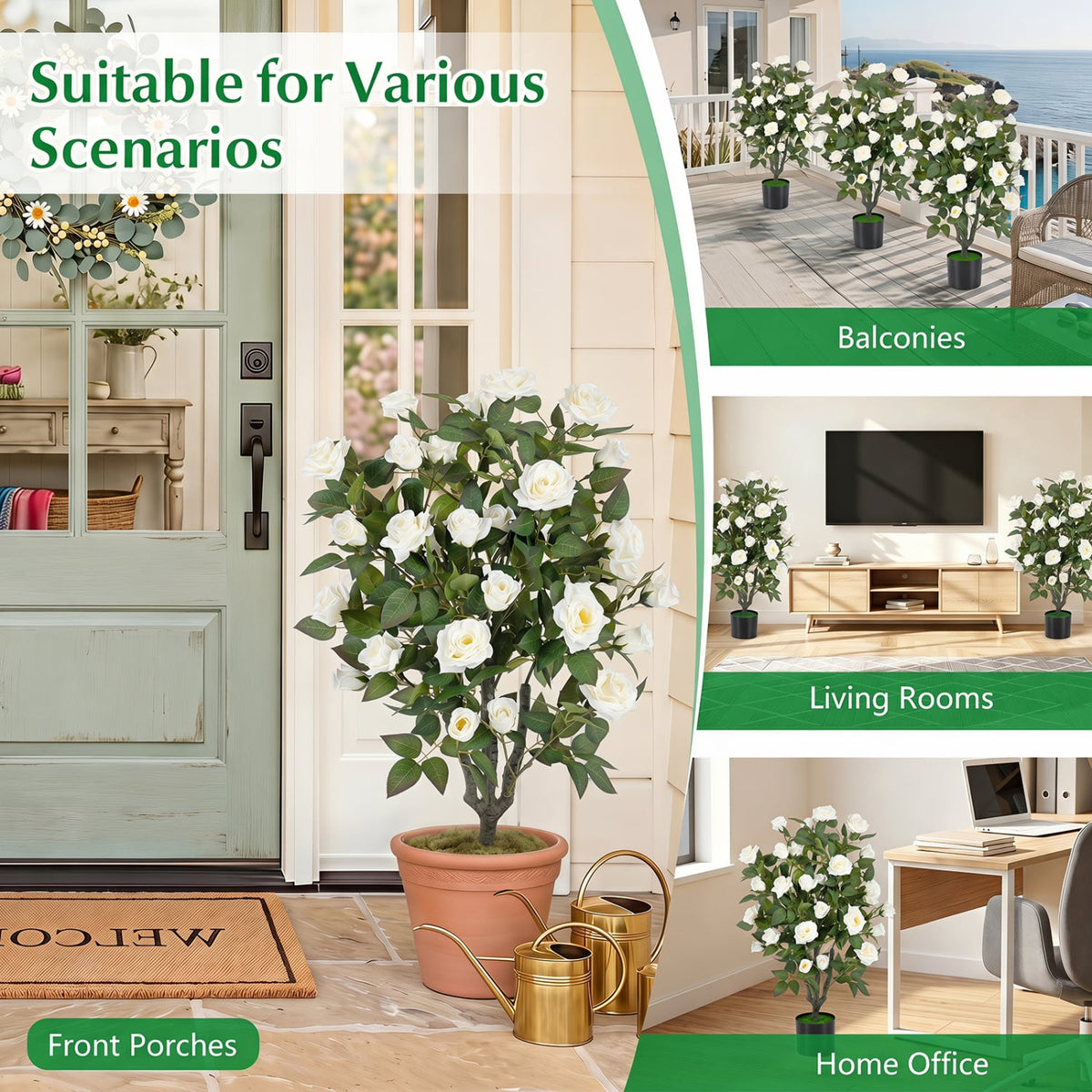 35.5" Artificial Rose Tree with Blooming Flowers and Green Leaves for Indoor-White-Artificial Plants-DECOROLALA