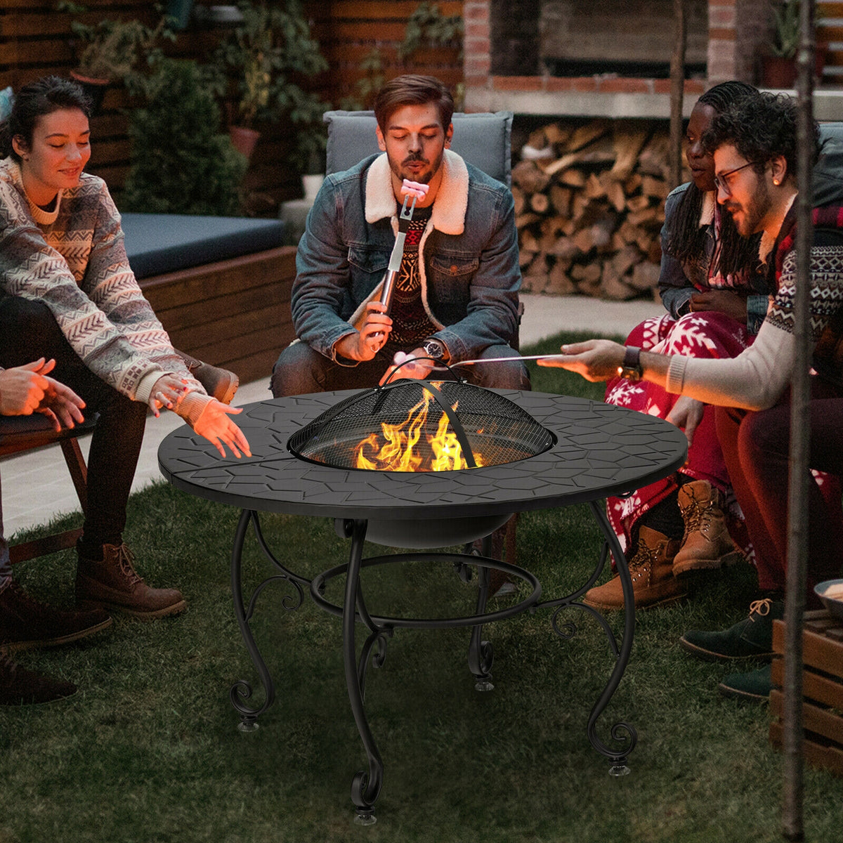 35.5 Feet Patio Fire Pit Dining Table With Cooking BBQ Grate-Fire Pits-DECOROLALA