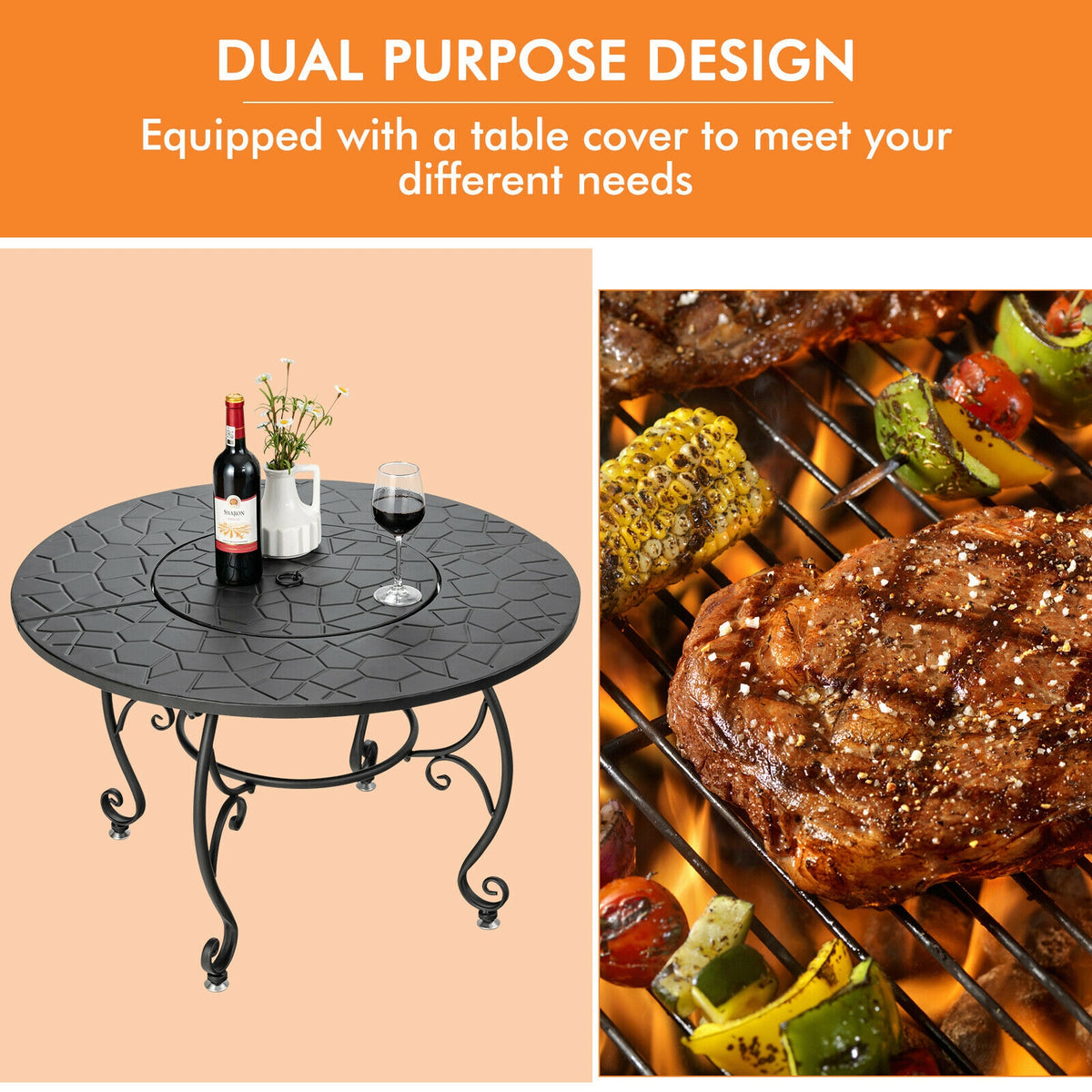 35.5 Feet Patio Fire Pit Dining Table With Cooking BBQ Grate-Fire Pits-DECOROLALA