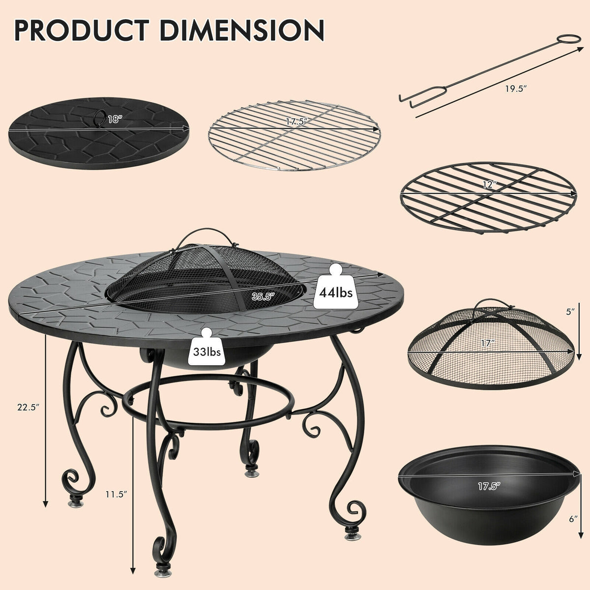 35.5 Feet Patio Fire Pit Dining Table With Cooking BBQ Grate-Fire Pits-DECOROLALA