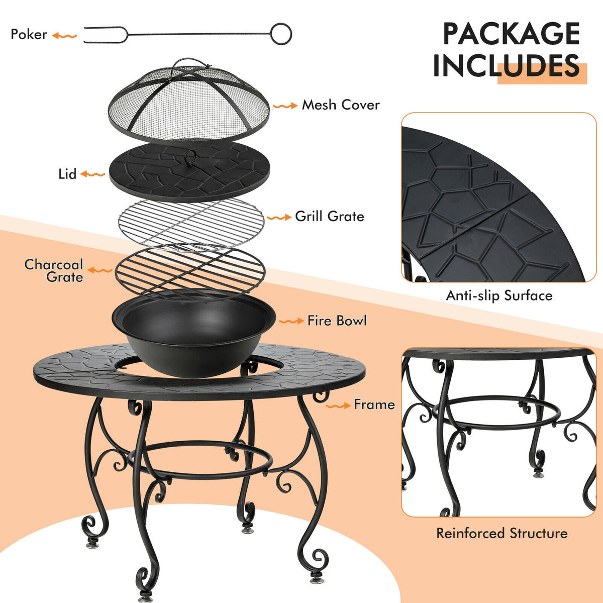 35.5 Feet Patio Fire Pit Dining Table With Cooking BBQ Grate-Fire Pits-DECOROLALA