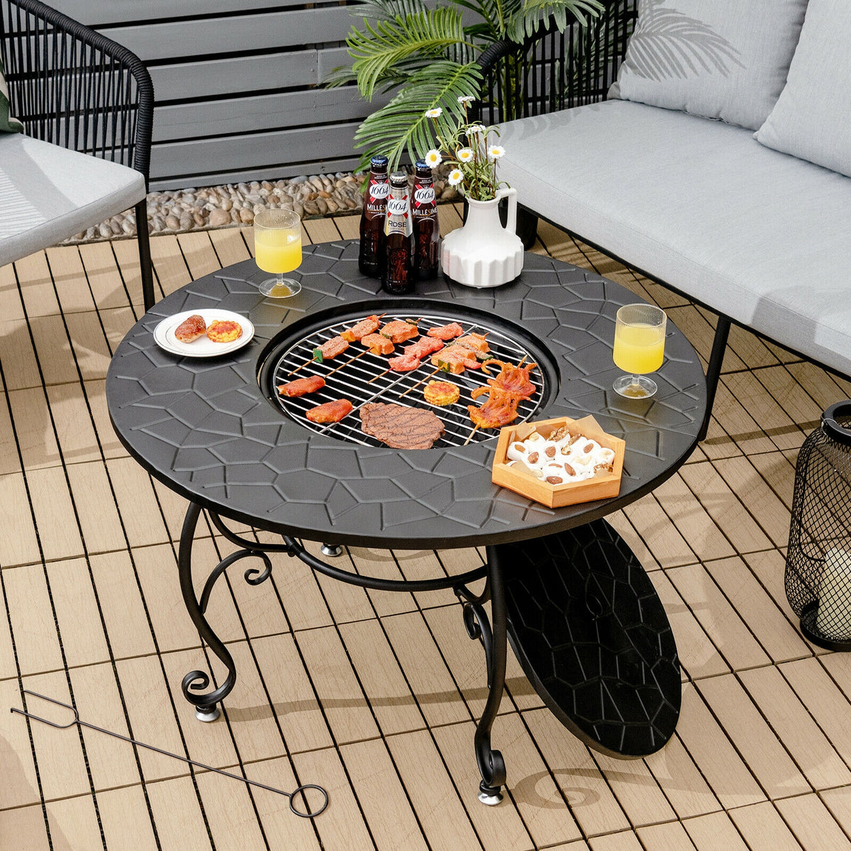 35.5 Feet Patio Fire Pit Dining Table With Cooking BBQ Grate-Fire Pits-DECOROLALA