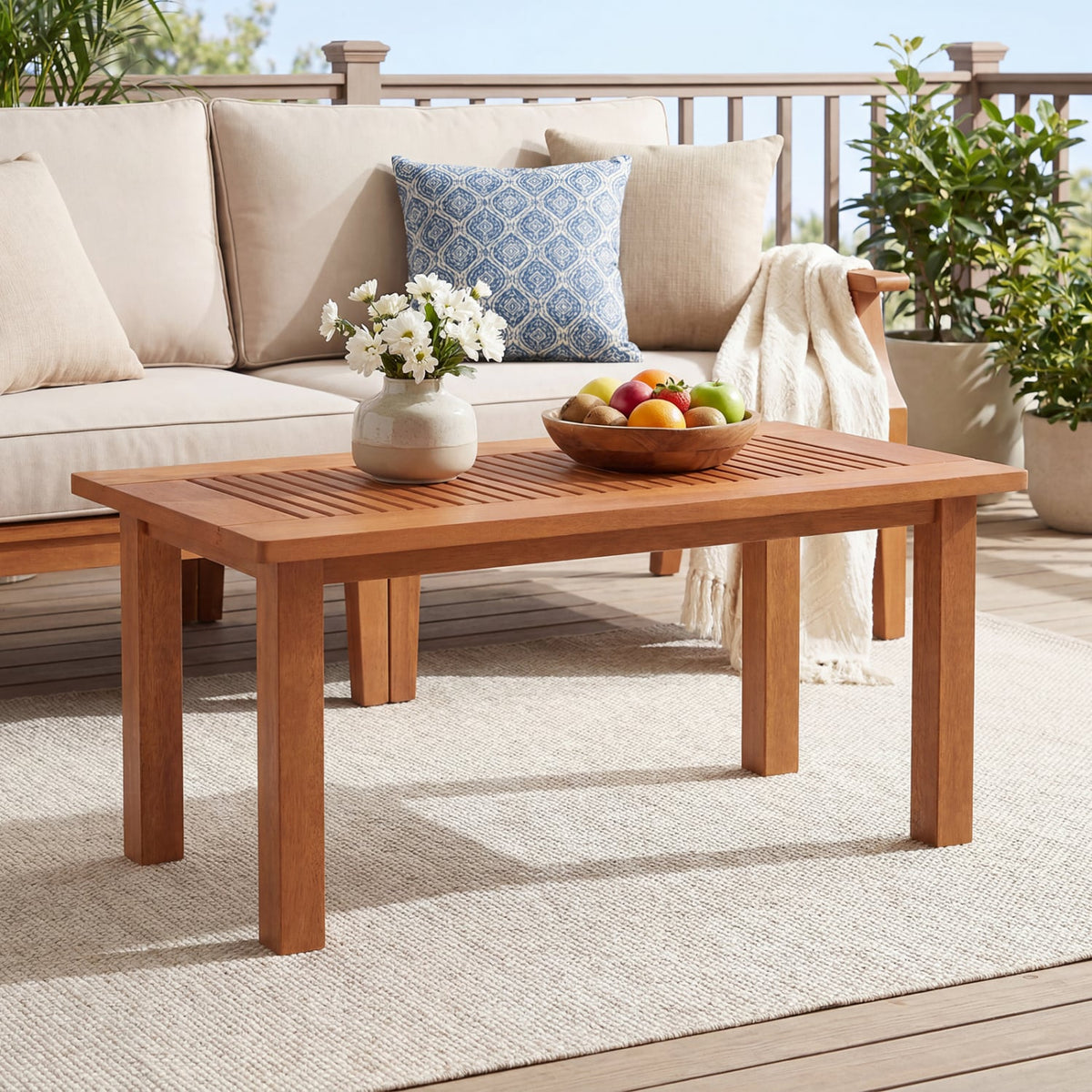 35.5 Inch Outdoor Modern Rectangular Coffee Table with Slatted Top for Backyard-Patio Coffee Tables-DECOROLALA