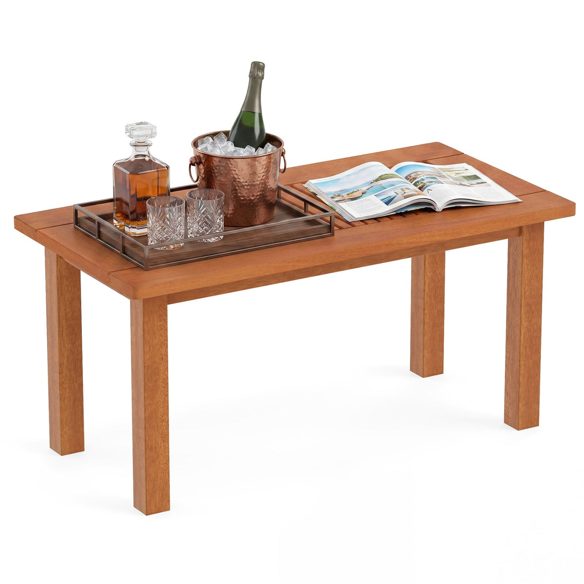 35.5 Inch Outdoor Modern Rectangular Coffee Table with Slatted Top for Backyard-Patio Coffee Tables-DECOROLALA