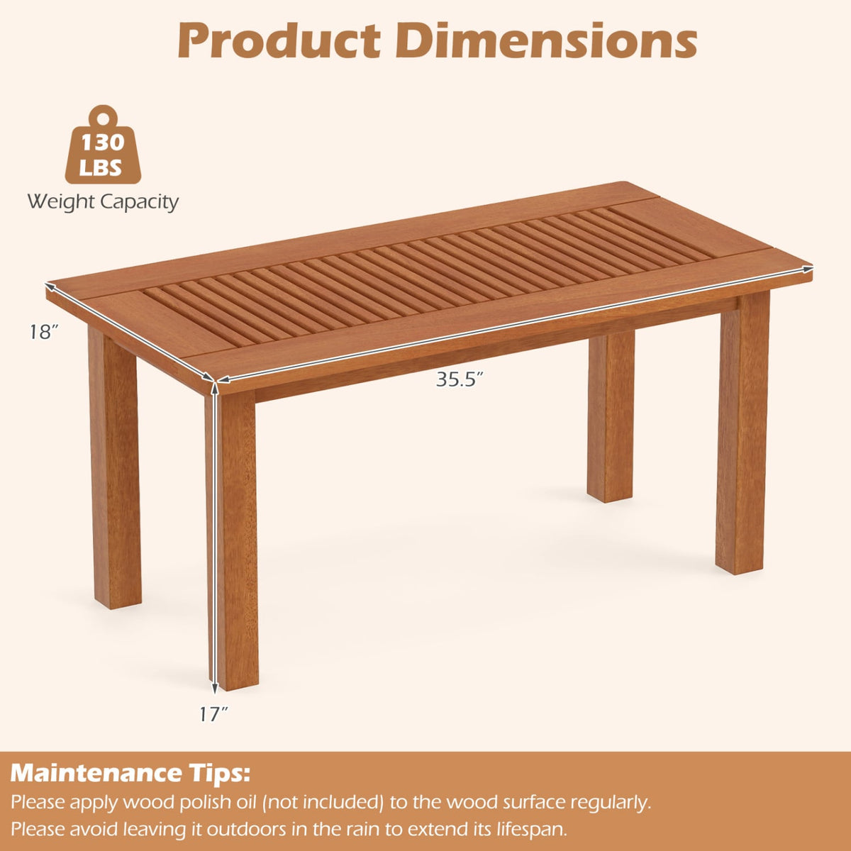 35.5 Inch Outdoor Modern Rectangular Coffee Table with Slatted Top for Backyard-Patio Coffee Tables-DECOROLALA