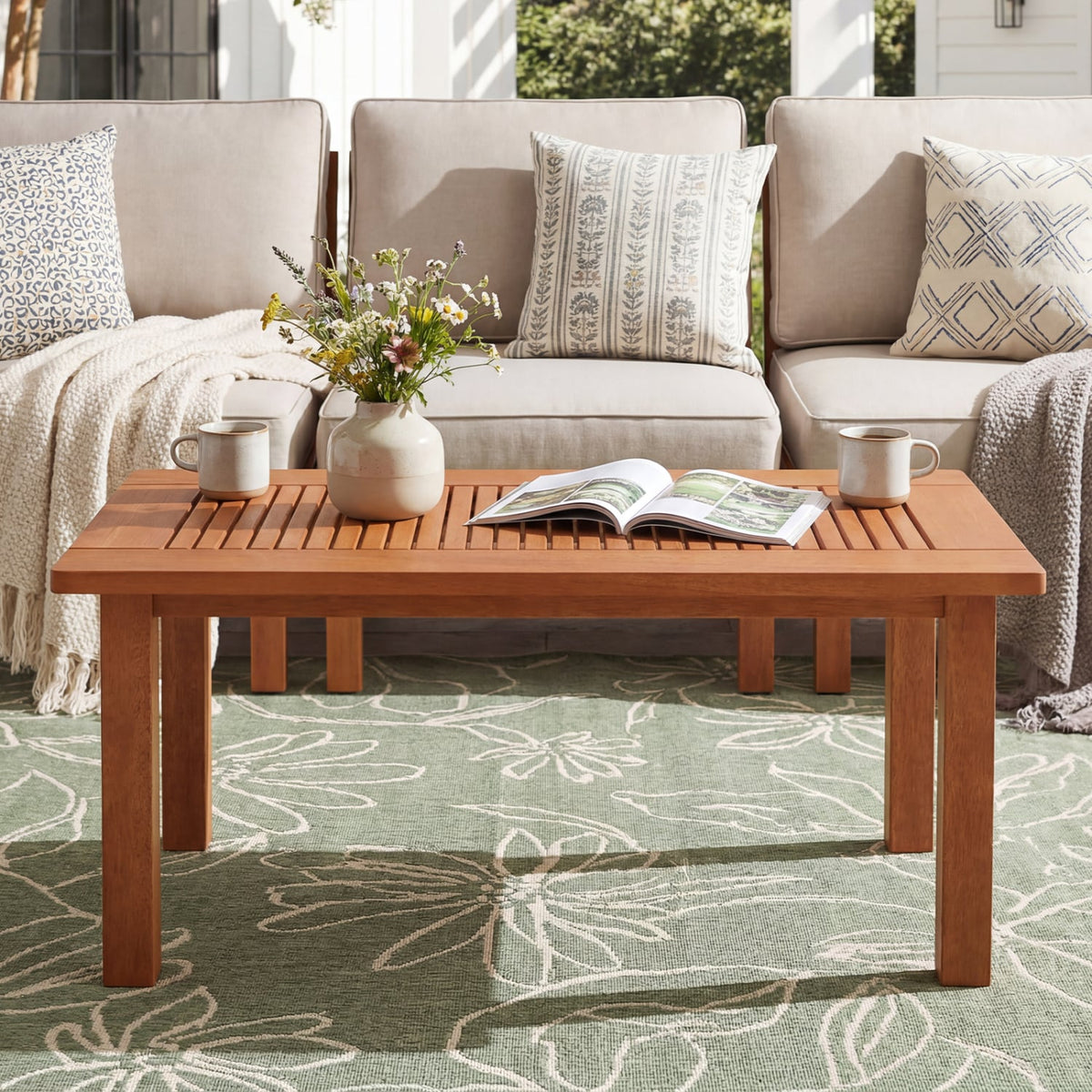 35.5 Inch Outdoor Modern Rectangular Coffee Table with Slatted Top for Backyard-Patio Coffee Tables-DECOROLALA