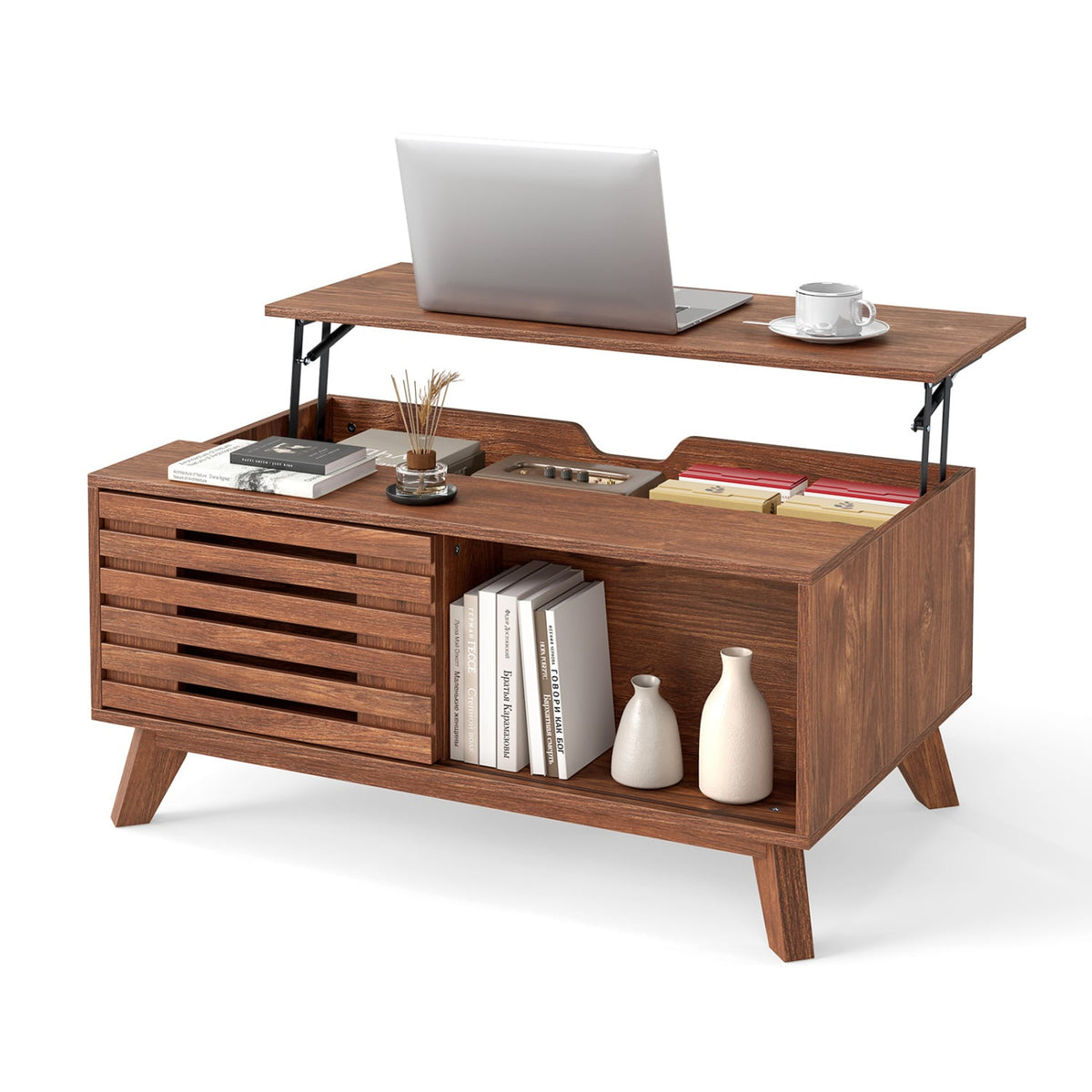 35.5" Lift Top Coffee Table with Hidden Compartment and Sliding Door for Living Room-Brown-Coffee Tables-DECOROLALA