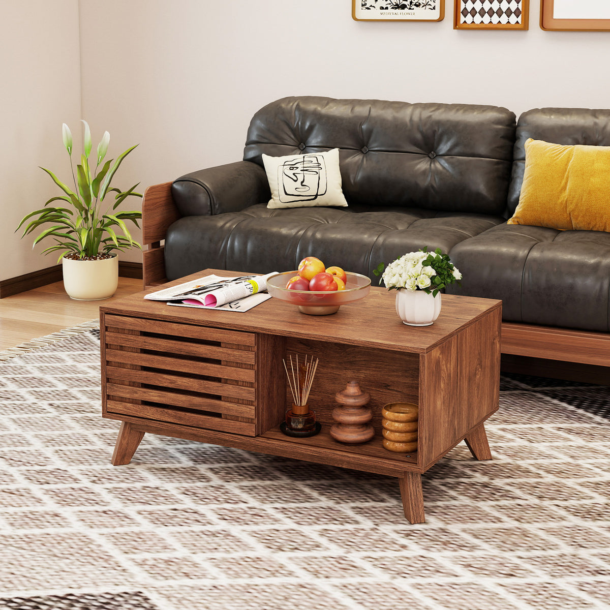 35.5" Lift Top Coffee Table with Hidden Compartment and Sliding Door for Living Room-Brown-Coffee Tables-DECOROLALA