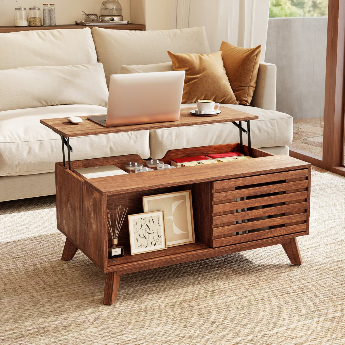 35.5" Lift Top Coffee Table with Hidden Compartment and Sliding Door for Living Room-Brown-Coffee Tables-DECOROLALA