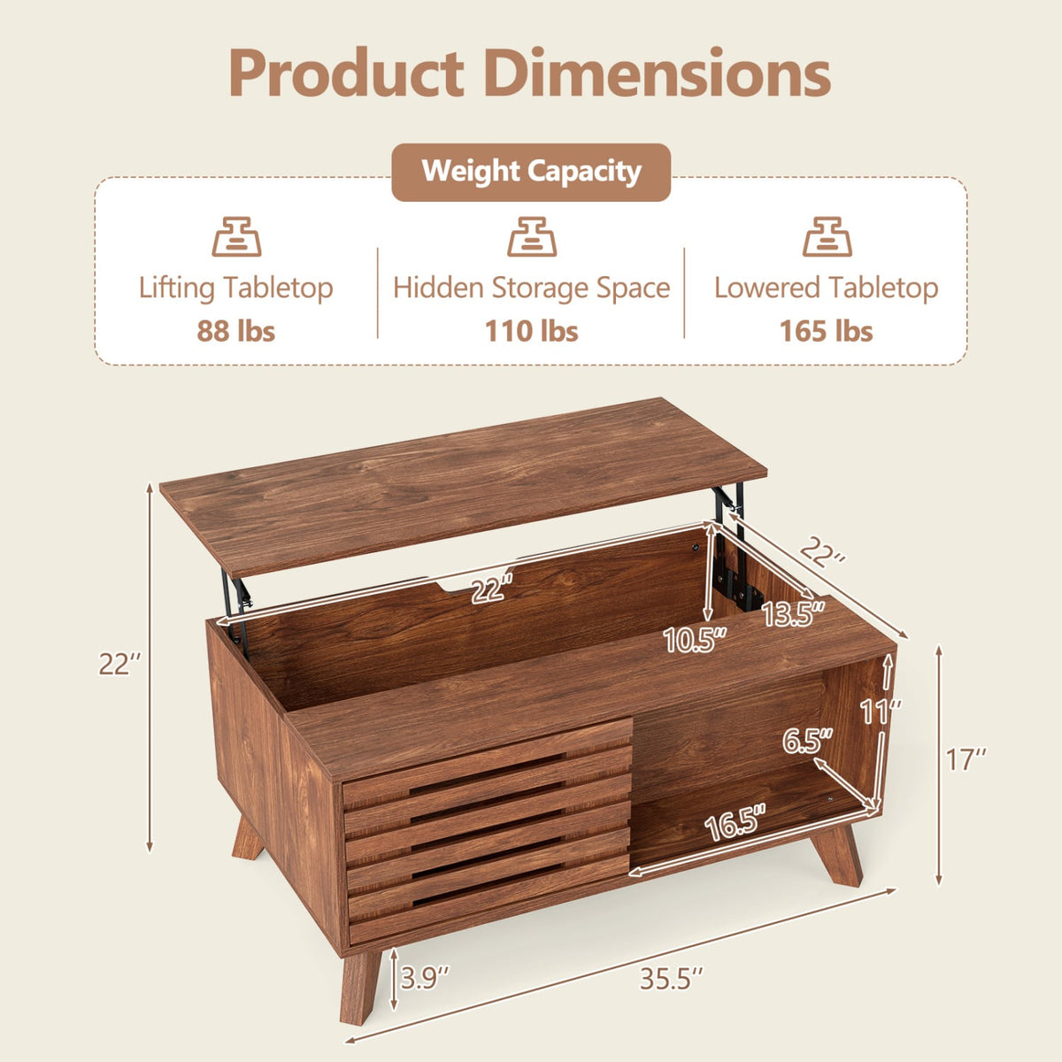 35.5" Lift Top Coffee Table with Hidden Compartment and Sliding Door for Living Room-Brown-Coffee Tables-DECOROLALA