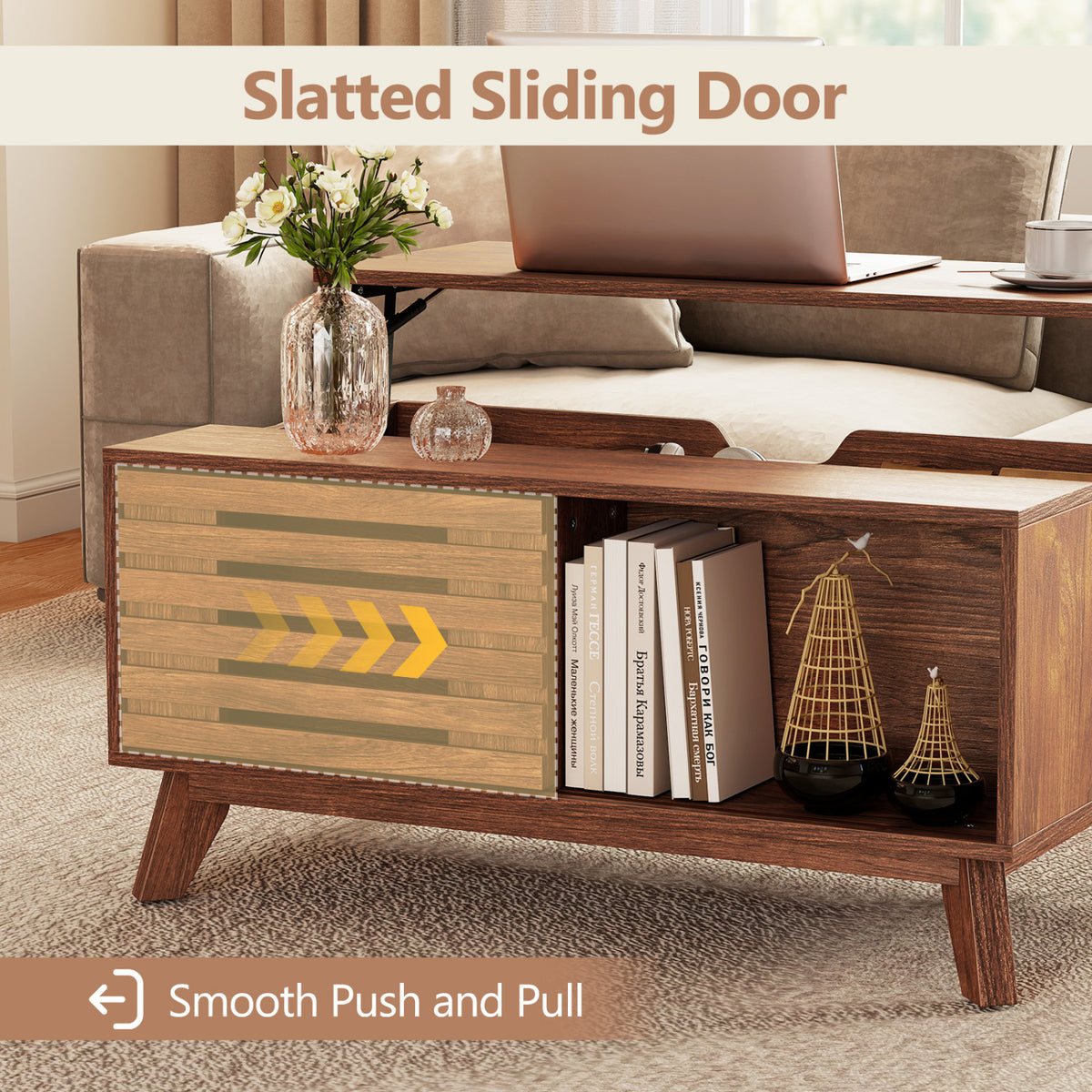 35.5" Lift Top Coffee Table with Hidden Compartment and Sliding Door for Living Room-Brown-Coffee Tables-DECOROLALA