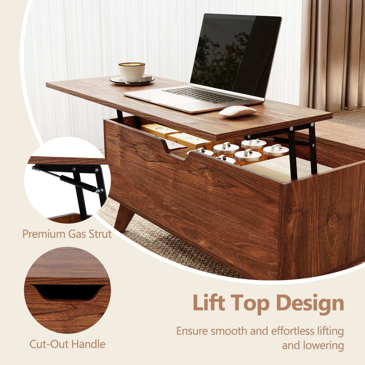 35.5" Lift Top Coffee Table with Hidden Compartment and Sliding Door for Living Room-Brown-Coffee Tables-DECOROLALA