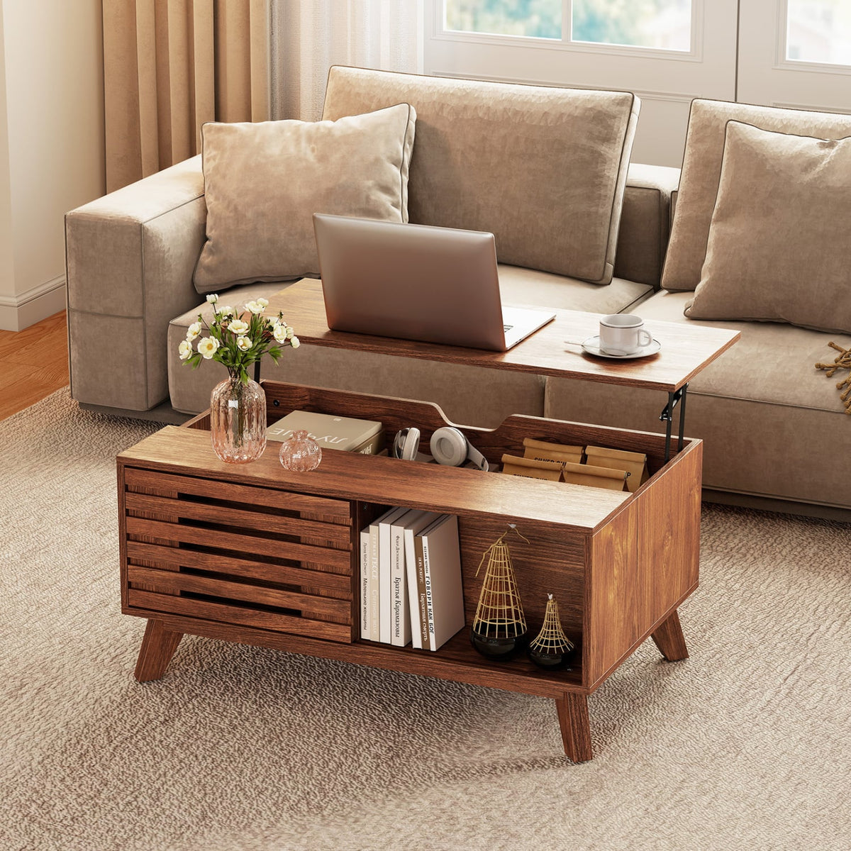 35.5" Lift Top Coffee Table with Hidden Compartment and Sliding Door for Living Room-Brown-Coffee Tables-DECOROLALA
